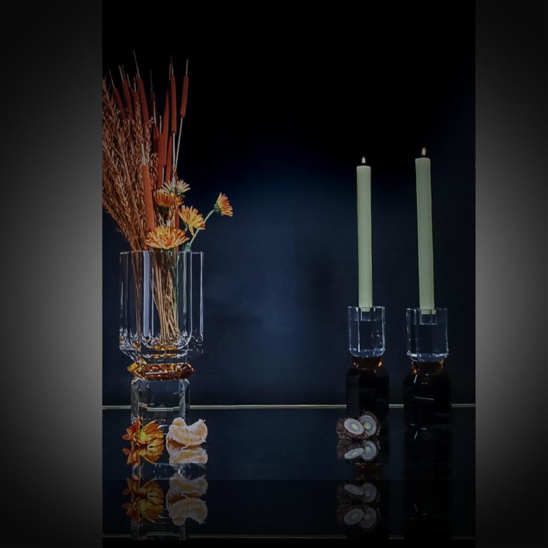 Hand-Crafted Ambrosià Crystal Candlestick Set – Hand-Cut Candle Holders for Home Décor For Sale