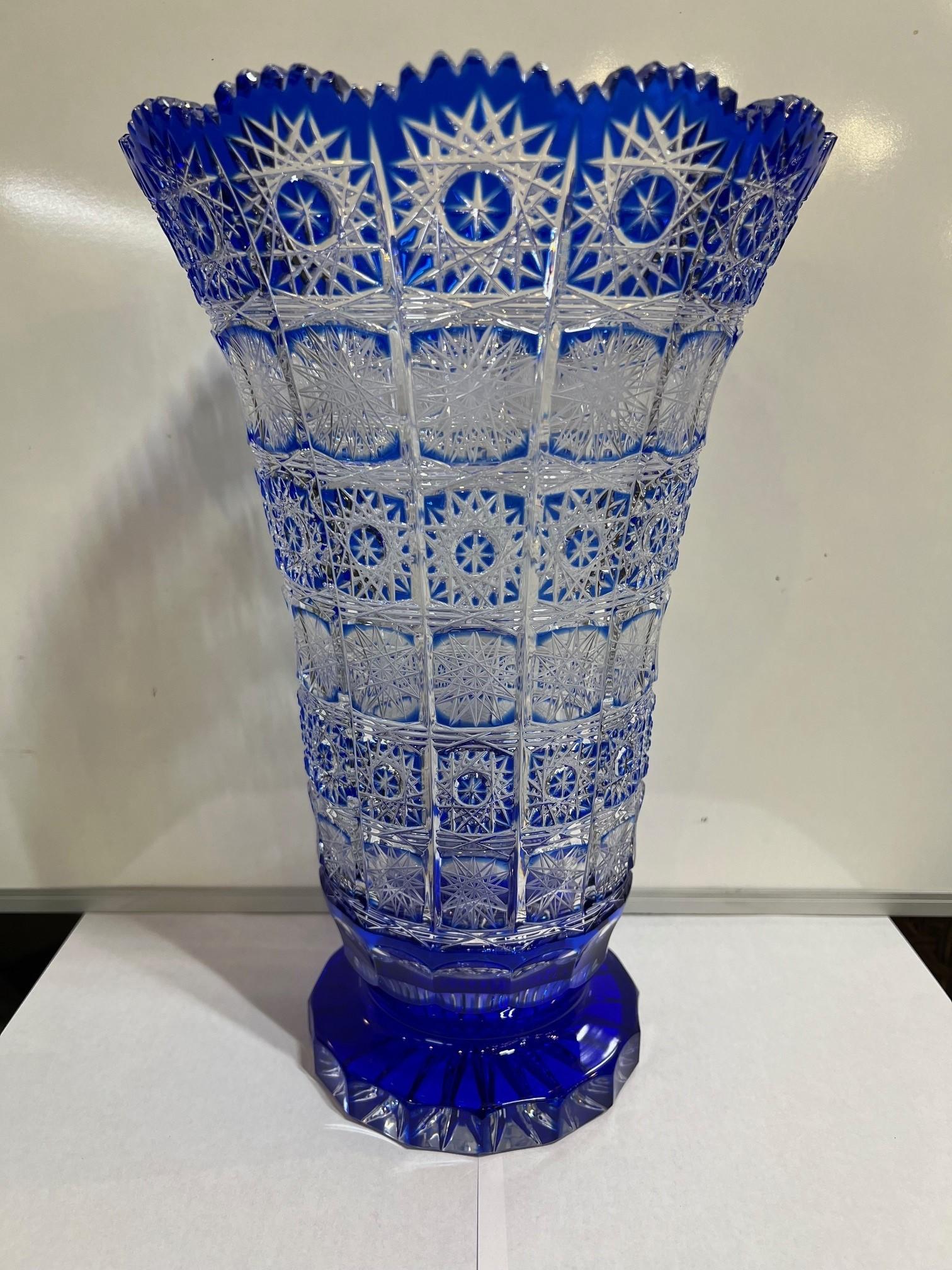 Hand Cut Crystal Cobalt Blue by Vase Caesar Crystal Bohemiae Co. Czech, Republic In Excellent Condition For Sale In Stamford, CT