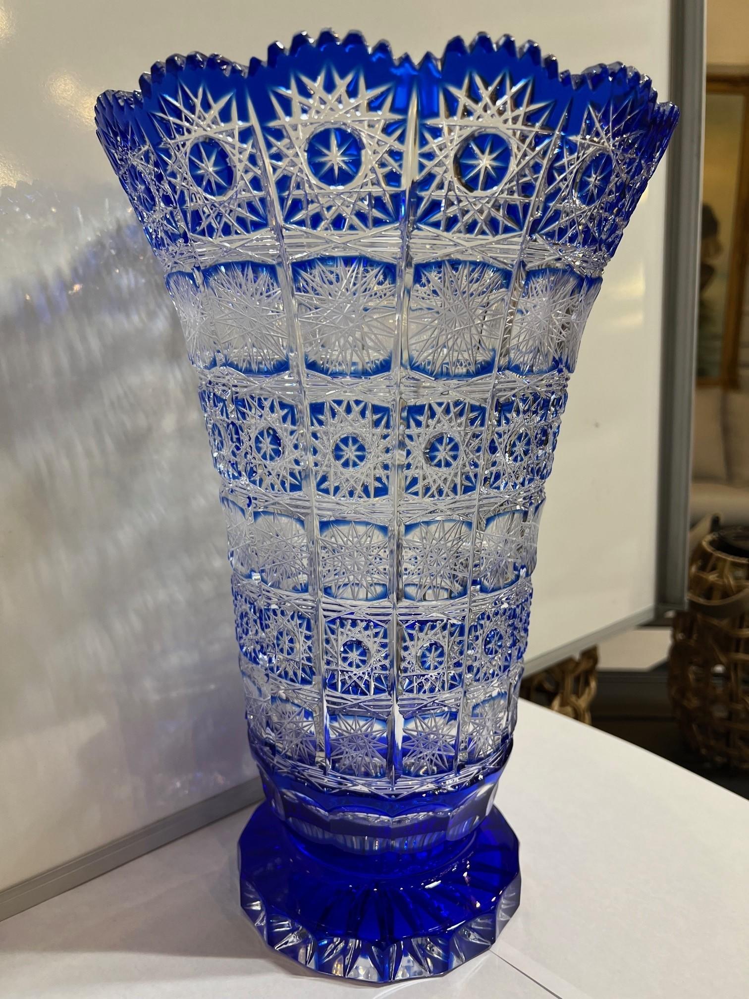 Hand Cut Crystal Cobalt Blue by Vase Caesar Crystal Bohemiae Co. Czech, Republic For Sale 4
