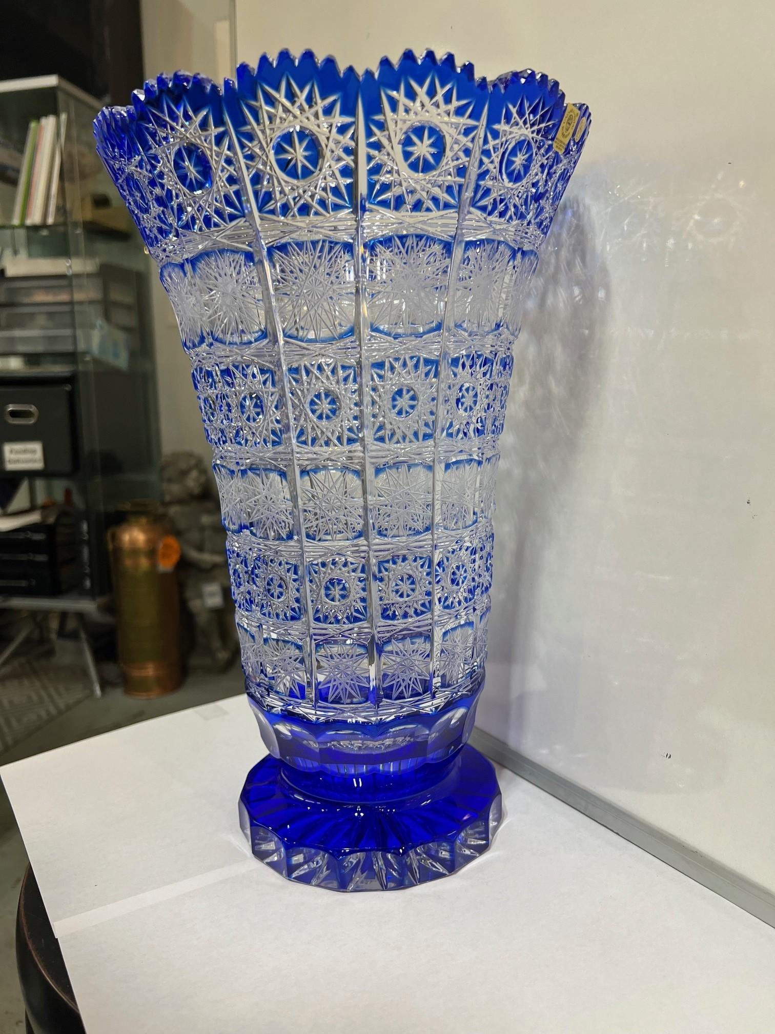 Hand Cut Crystal Cobalt Blue by Vase Caesar Crystal Bohemiae Co. Czech, Republic For Sale 5