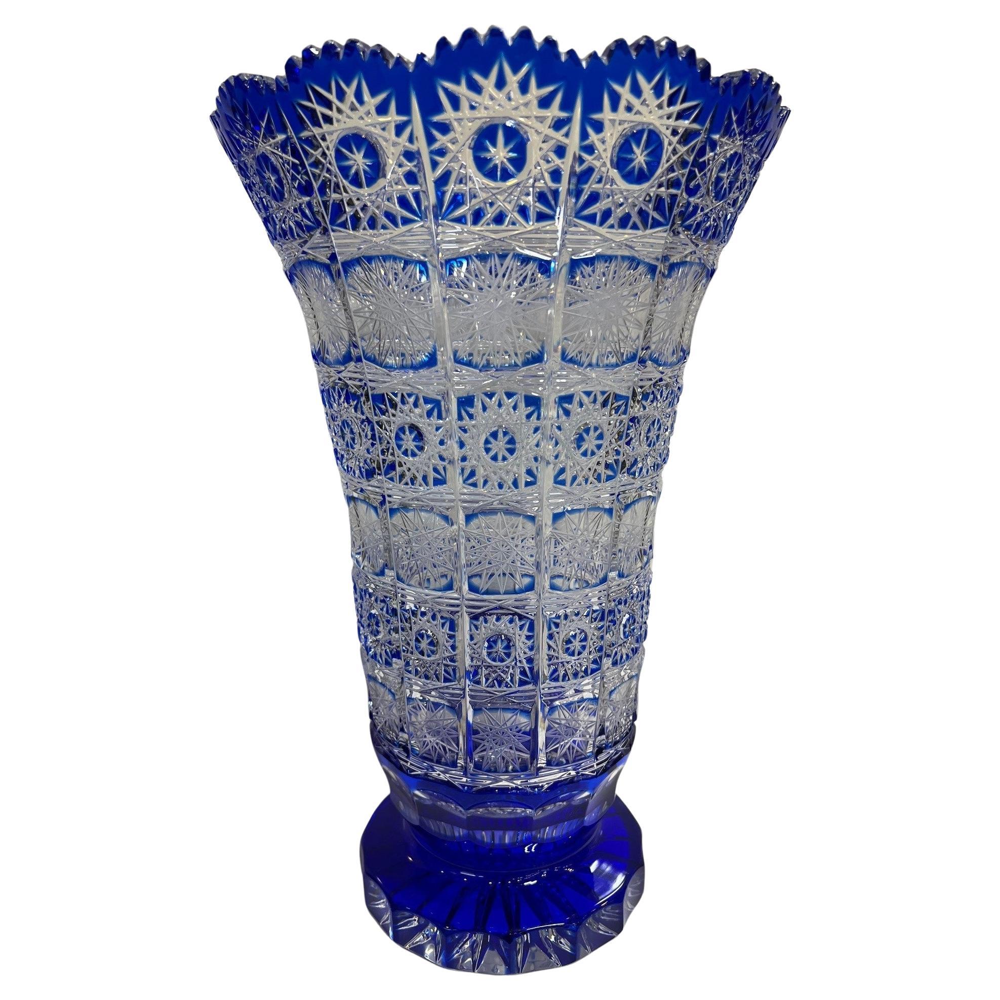 Hand Cut Crystal Cobalt Blue by Vase Caesar Crystal Bohemiae Co. Czech, Republic For Sale