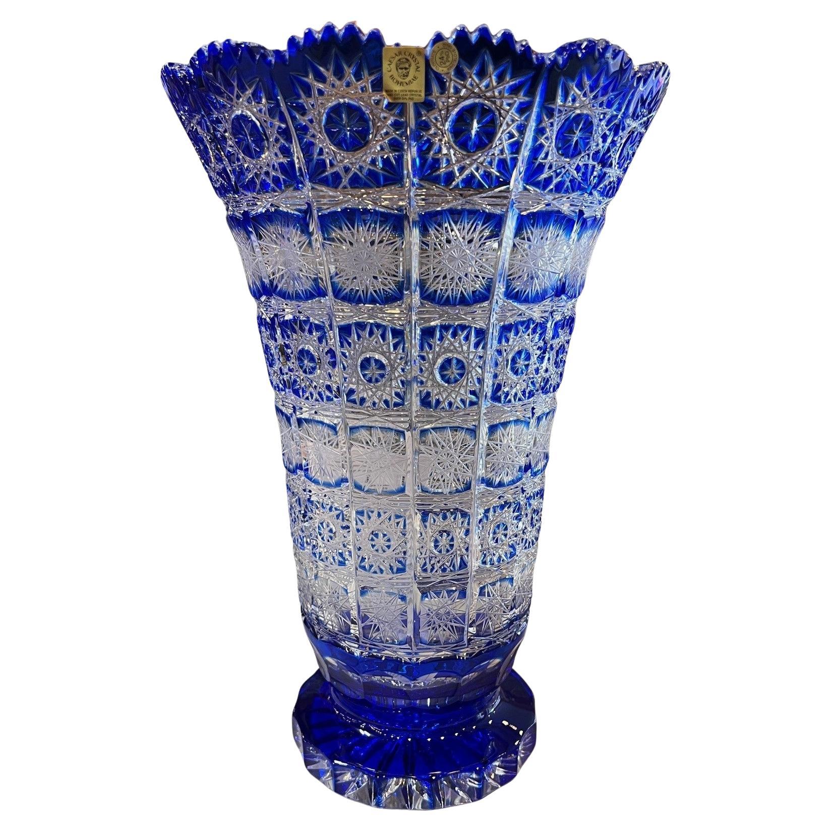Hand Cut Crystal Cobalt Blue Vase by Caesar Crystal Bohemiae Co. Czech, Republic