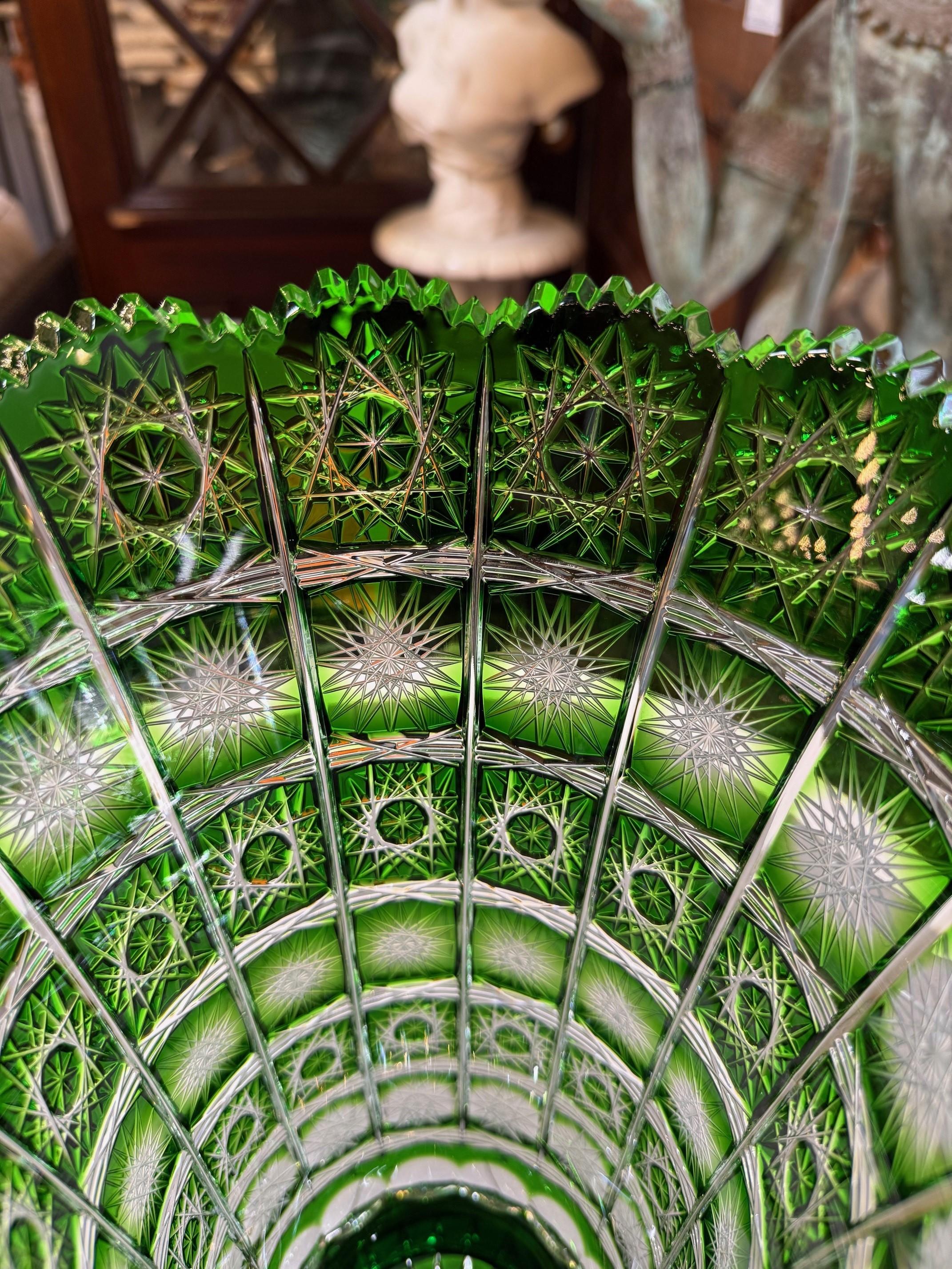 Hand Cut Crystal Green Vase by Caesar Crystal Bohemiae Co. Czech, Republic For Sale 6