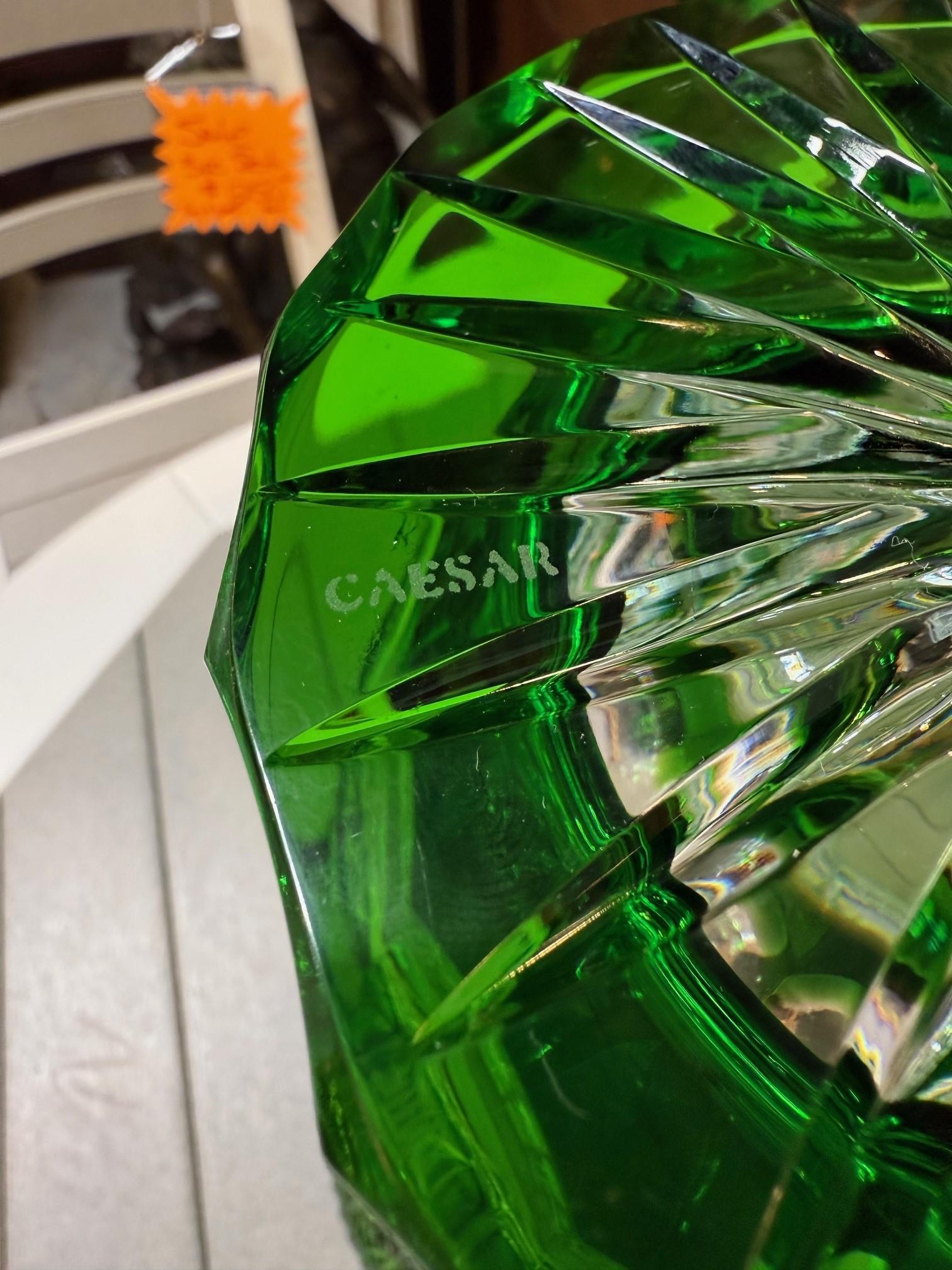 Hand Cut Crystal Green Vase by Caesar Crystal Bohemiae Co. Czech, Republic For Sale 9