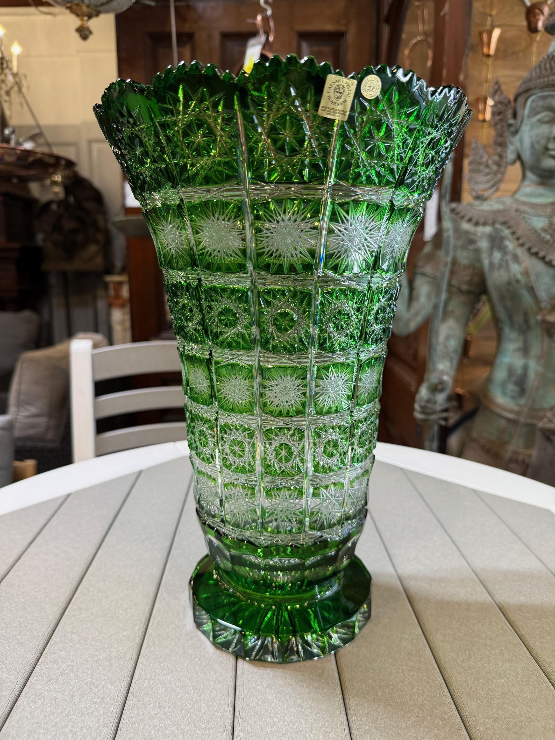 Stunning hand cut lead crystal vase created as a work of art by the hands of the finest Czech glass workers. The Caesar Crystal Company in the Czech Republic has been selling hand cut lead crystal pieces since 1861 and is known as one of the finest