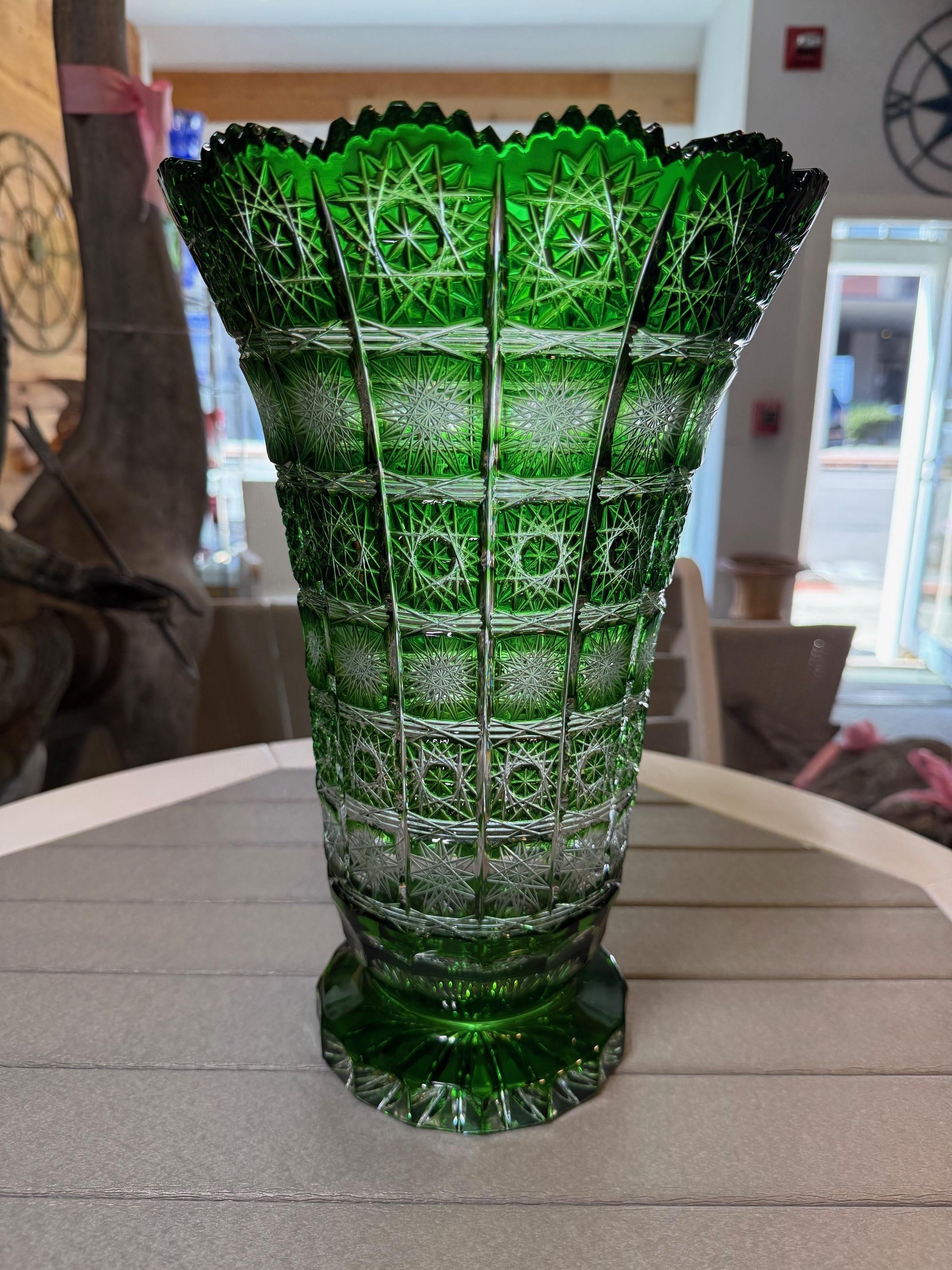 Hand Cut Crystal Green Vase by Caesar Crystal Bohemiae Co. Czech, Republic In Excellent Condition For Sale In Stamford, CT