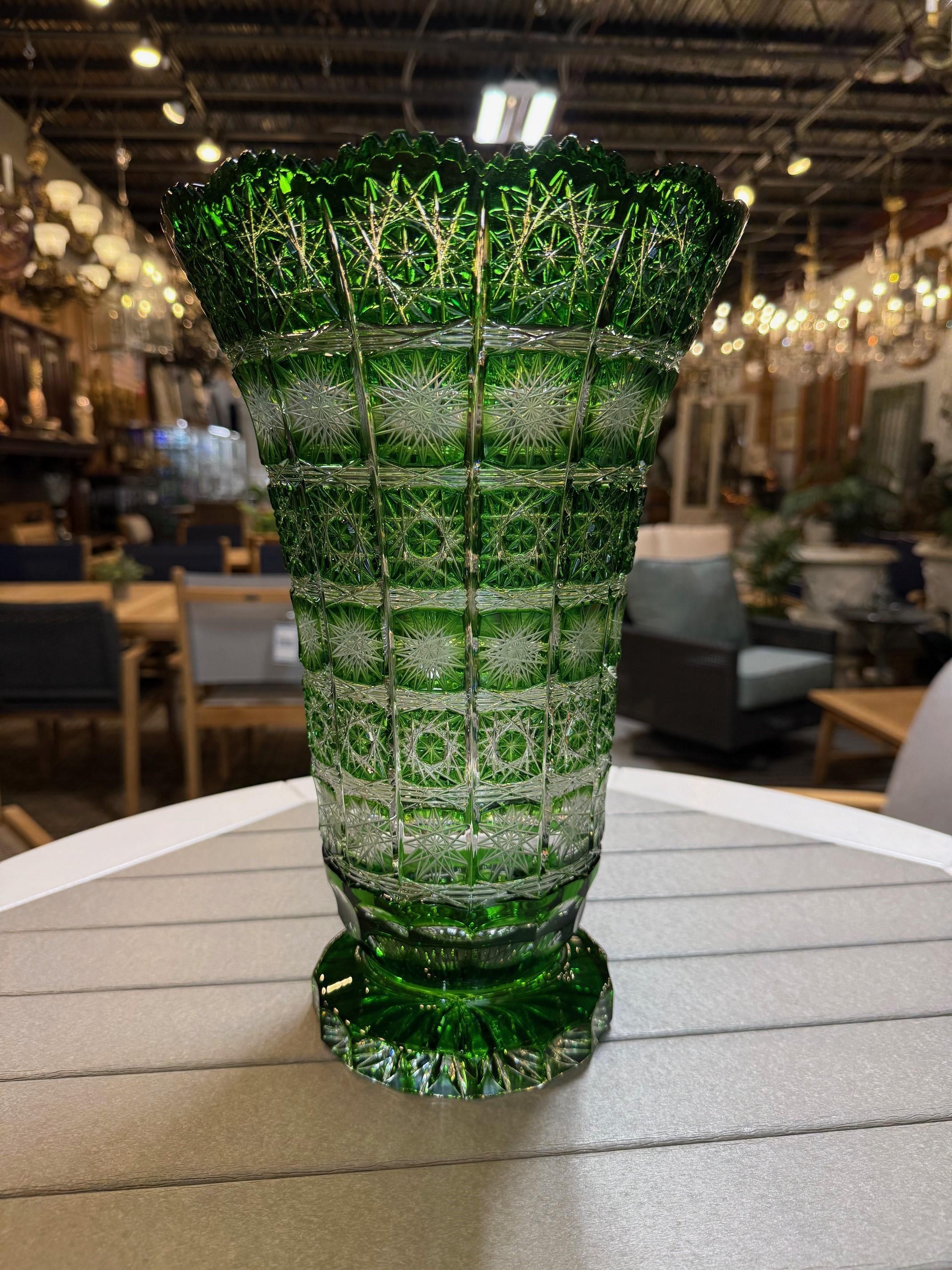 20th Century Hand Cut Crystal Green Vase by Caesar Crystal Bohemiae Co. Czech, Republic For Sale