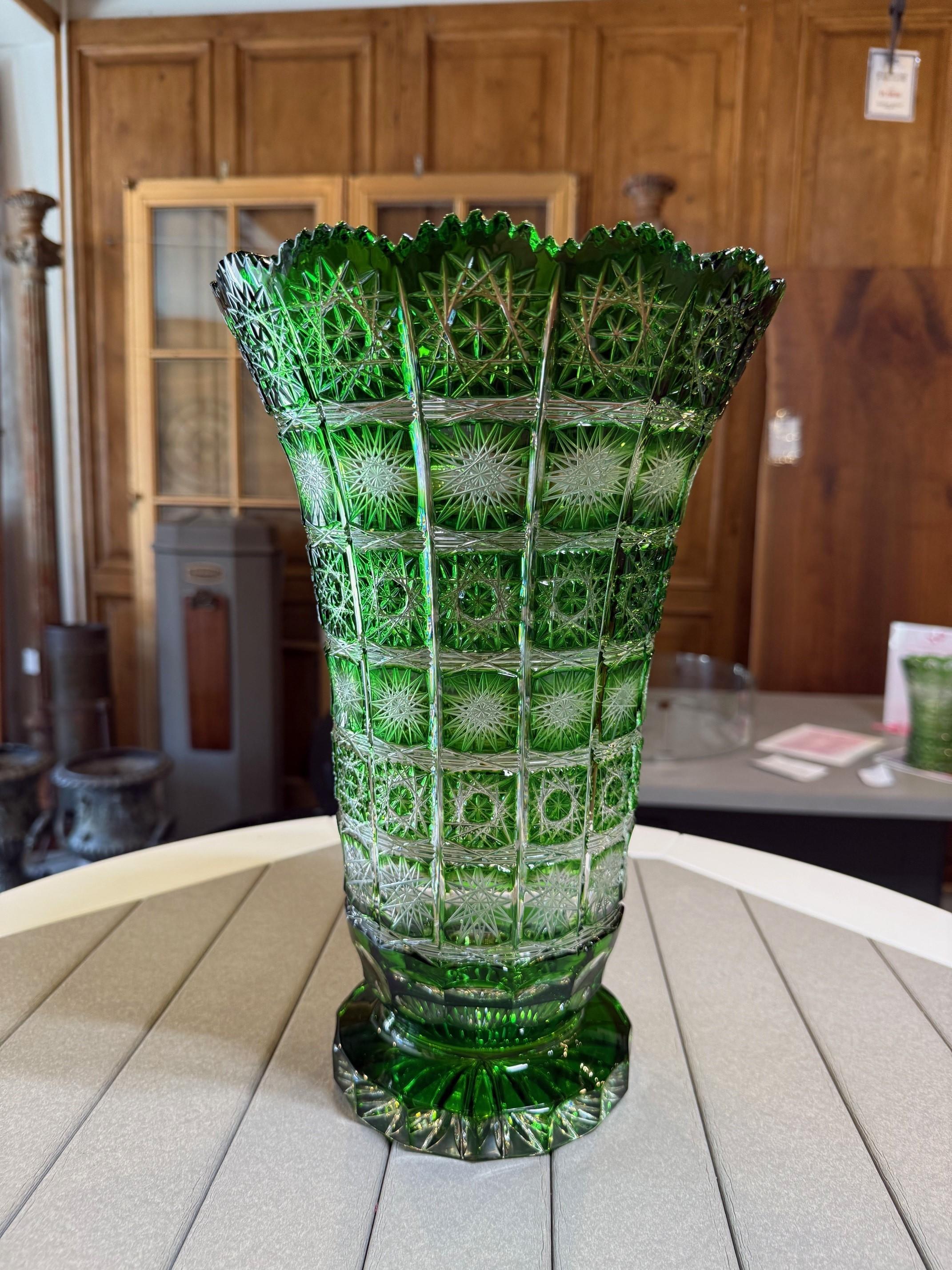 Hand Cut Crystal Green Vase by Caesar Crystal Bohemiae Co. Czech, Republic For Sale 1