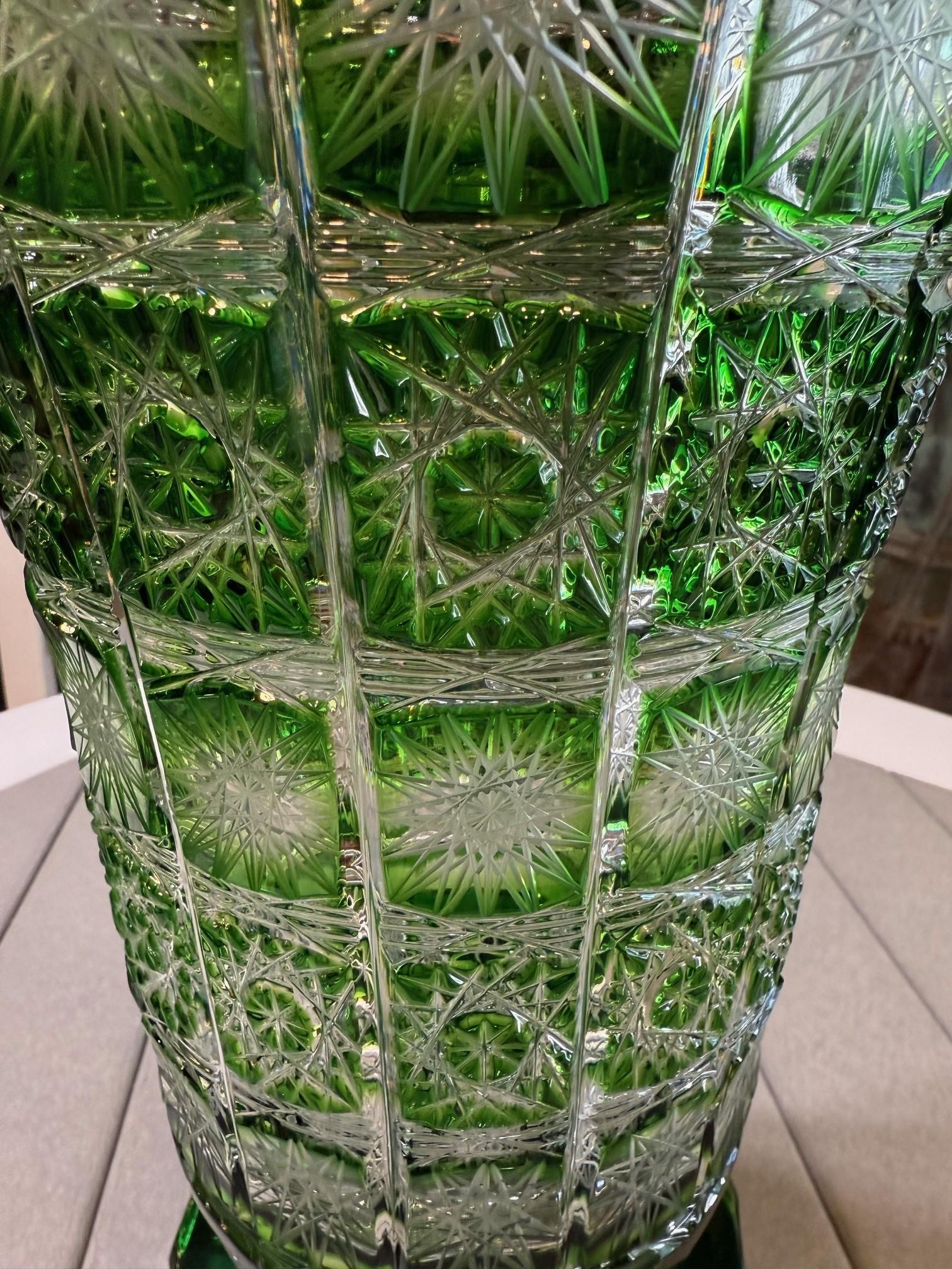 Hand Cut Crystal Green Vase by Caesar Crystal Bohemiae Co. Czech, Republic For Sale 3