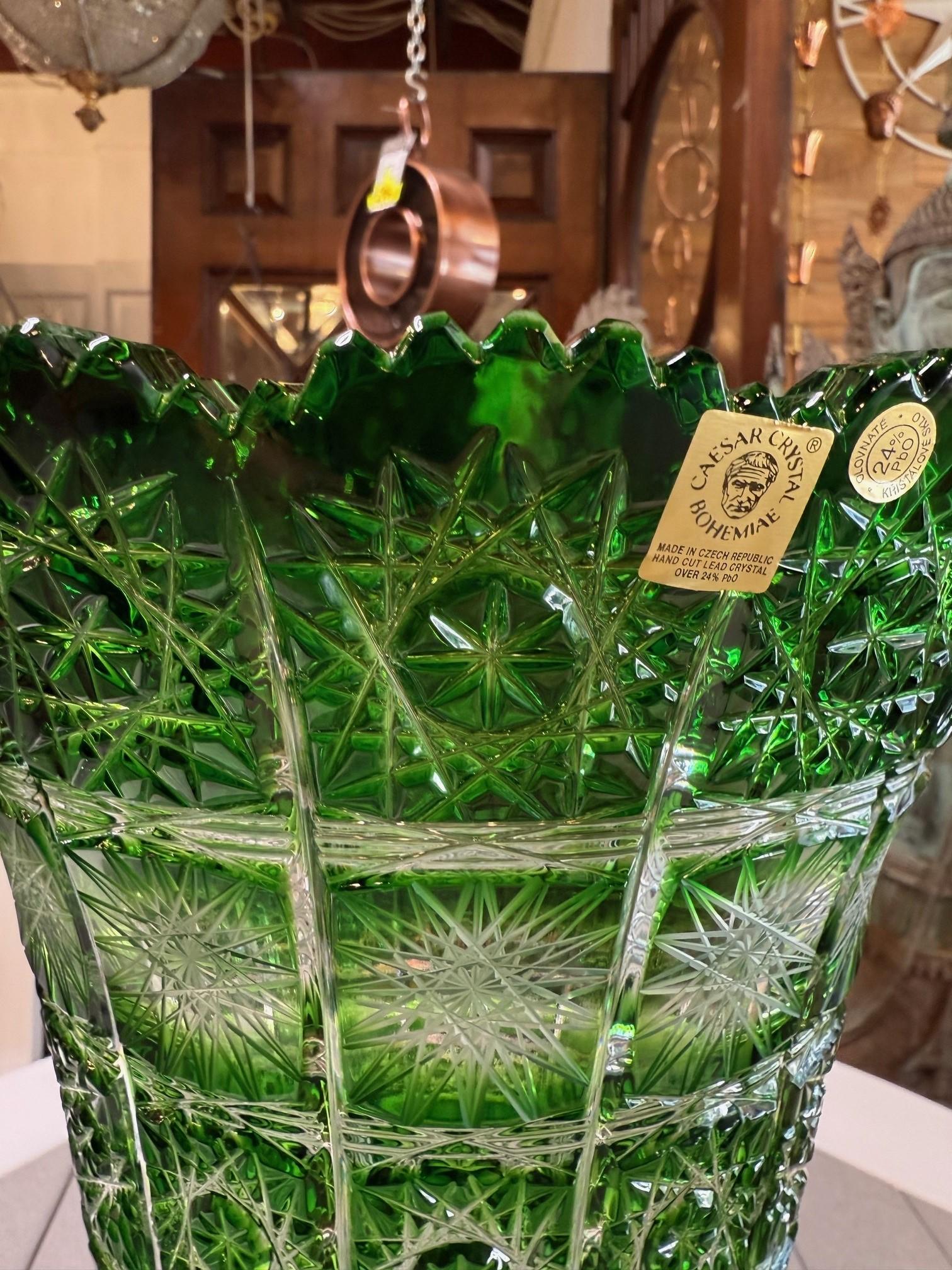 Hand Cut Crystal Green Vase by Caesar Crystal Bohemiae Co. Czech, Republic For Sale 4