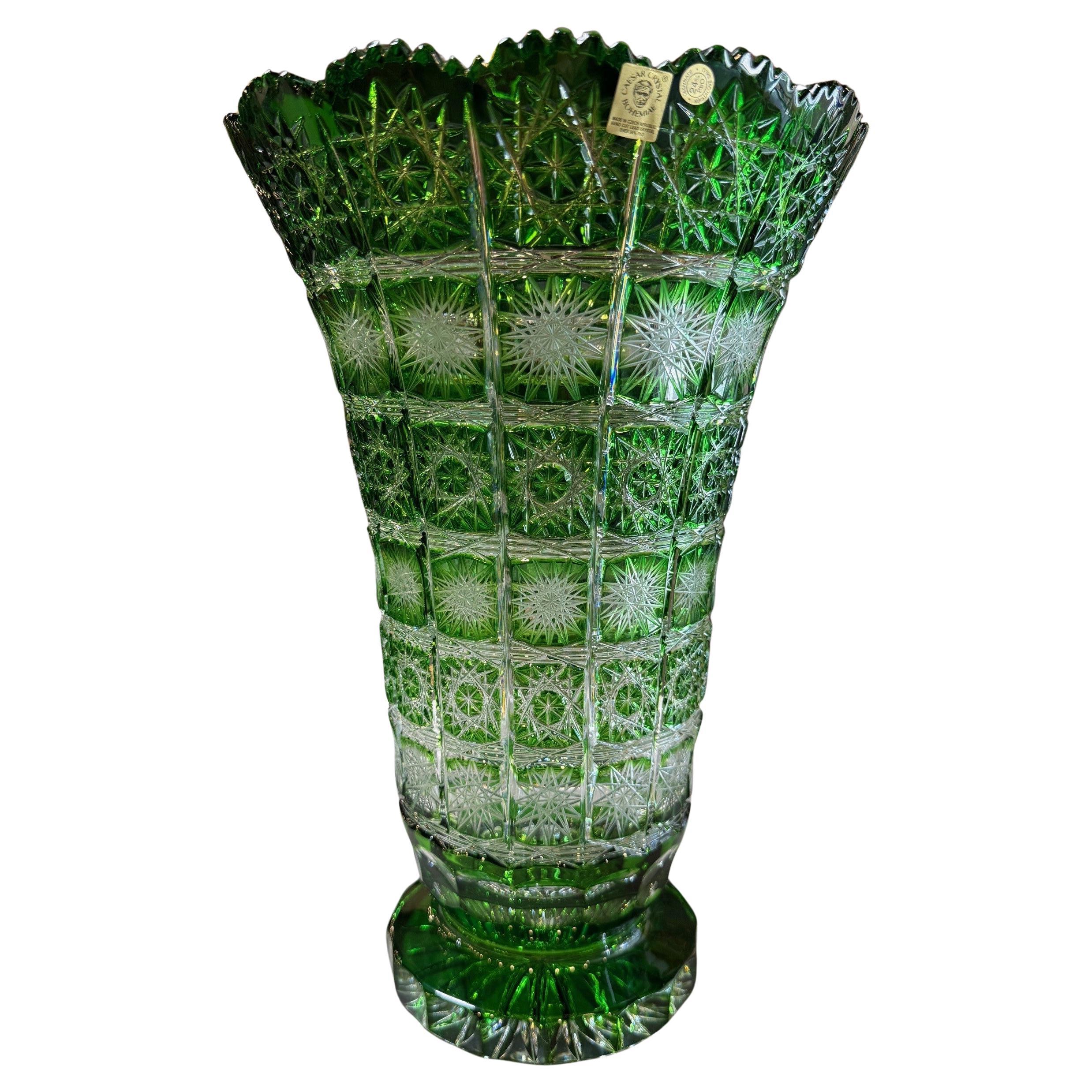 Hand Cut Crystal Green Vase by Caesar Crystal Bohemiae Co. Czech, Republic For Sale
