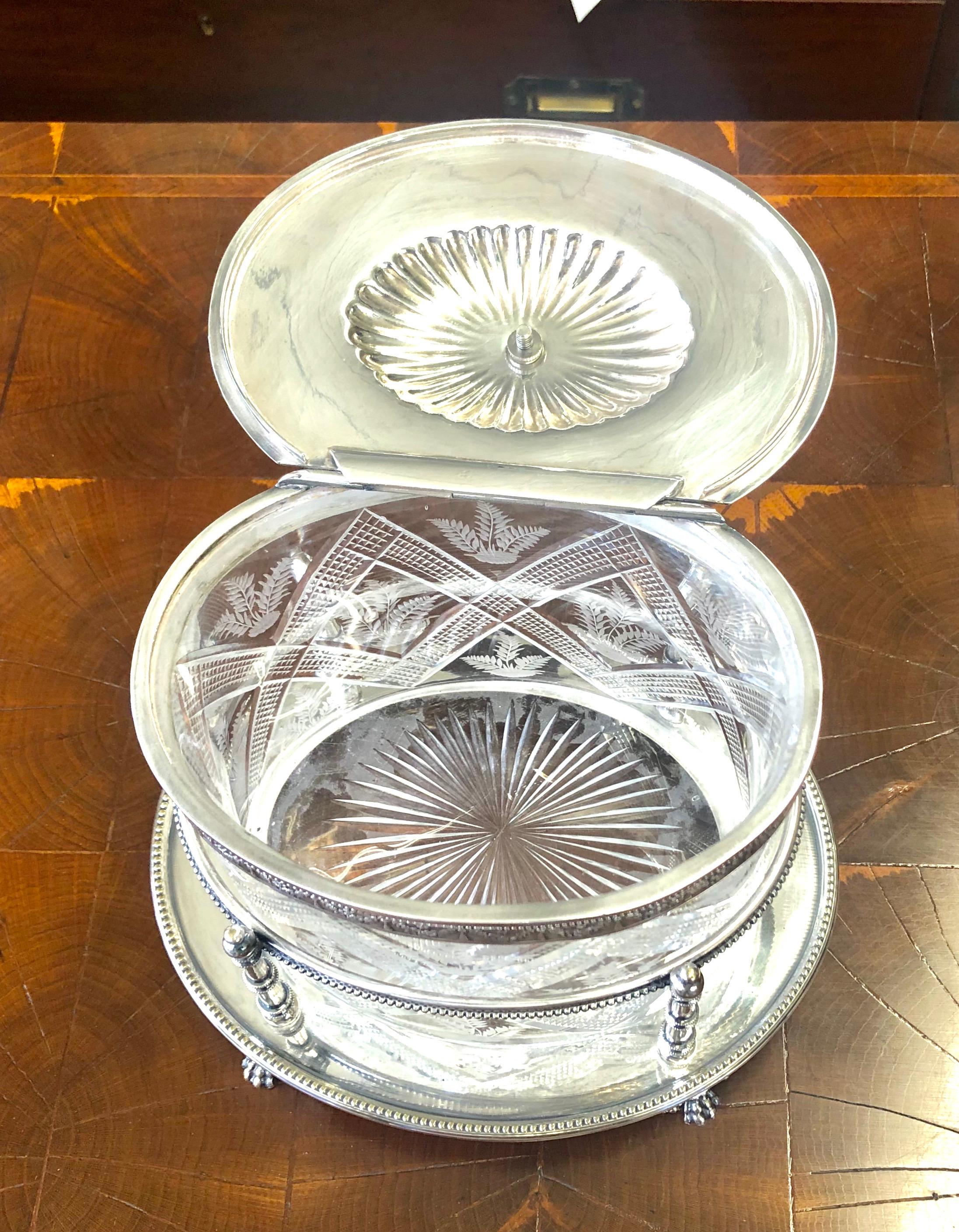 Antique English Sheffield S/P and Hand Cut Crystal Oval Biscuit Box on Stand 4