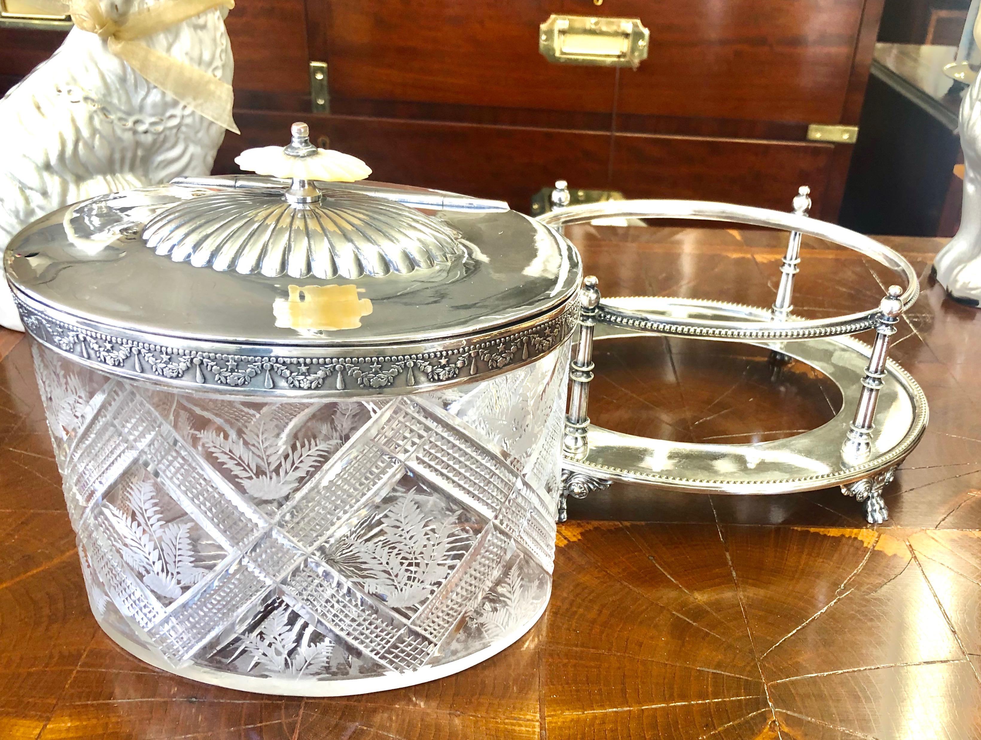 Antique English Sheffield S/P and Hand Cut Crystal Oval Biscuit Box on Stand 5