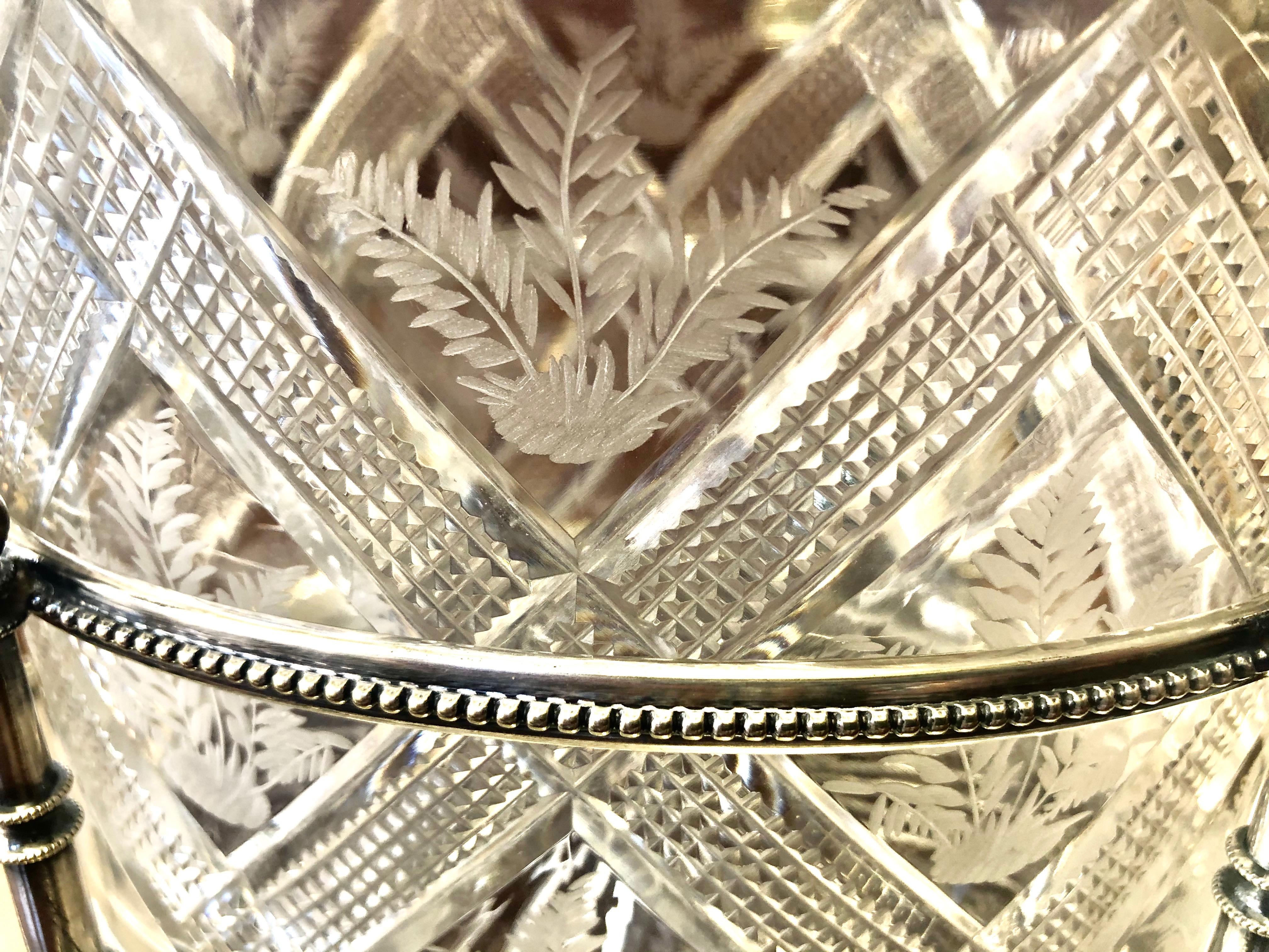 Hand-Crafted Antique English Sheffield S/P and Hand Cut Crystal Oval Biscuit Box on Stand