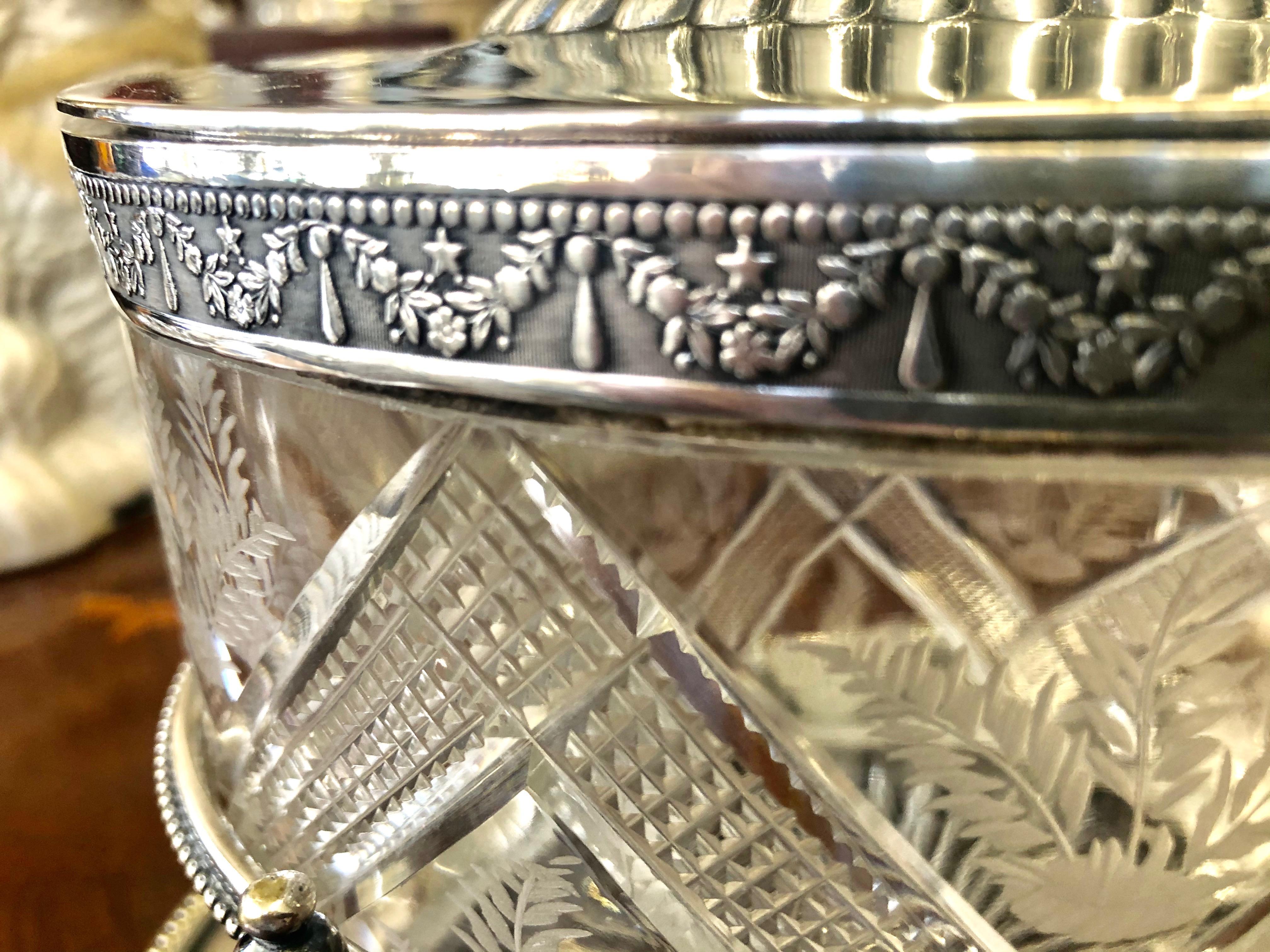 Antique English Sheffield S/P and Hand Cut Crystal Oval Biscuit Box on Stand In Good Condition In CHARLESTON, SC