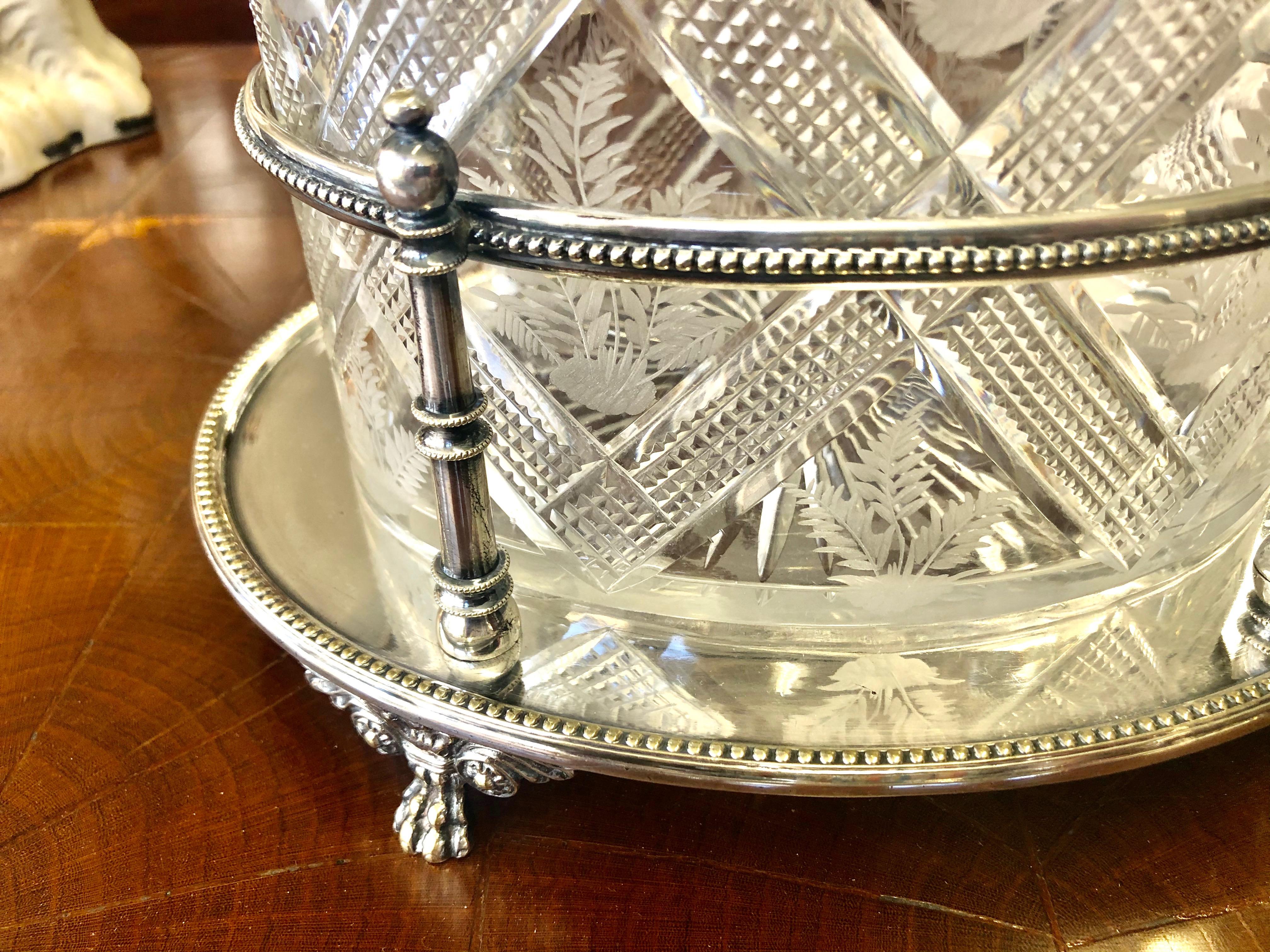 19th Century Antique English Sheffield S/P and Hand Cut Crystal Oval Biscuit Box on Stand