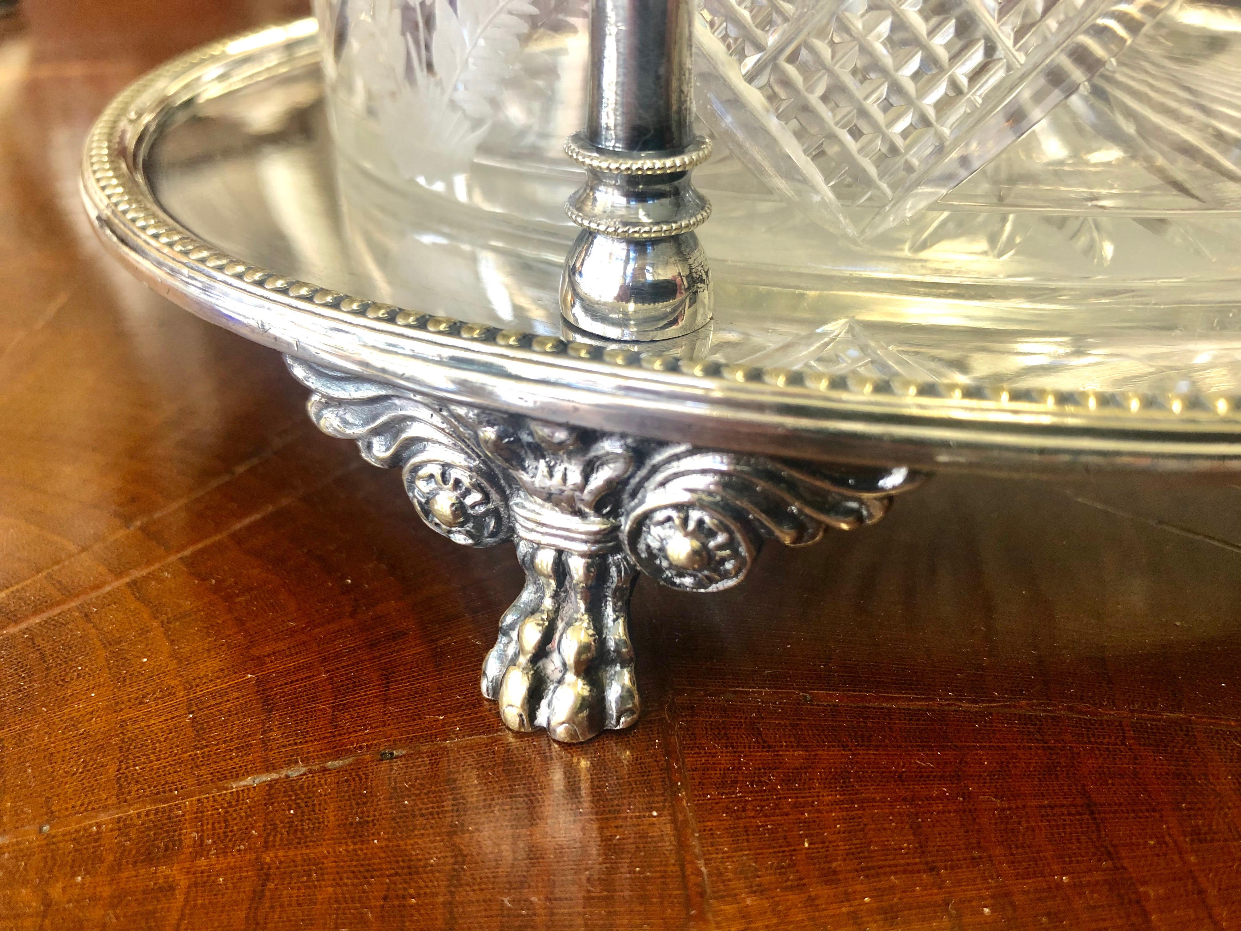 Sheffield Plate Antique English Sheffield S/P and Hand Cut Crystal Oval Biscuit Box on Stand