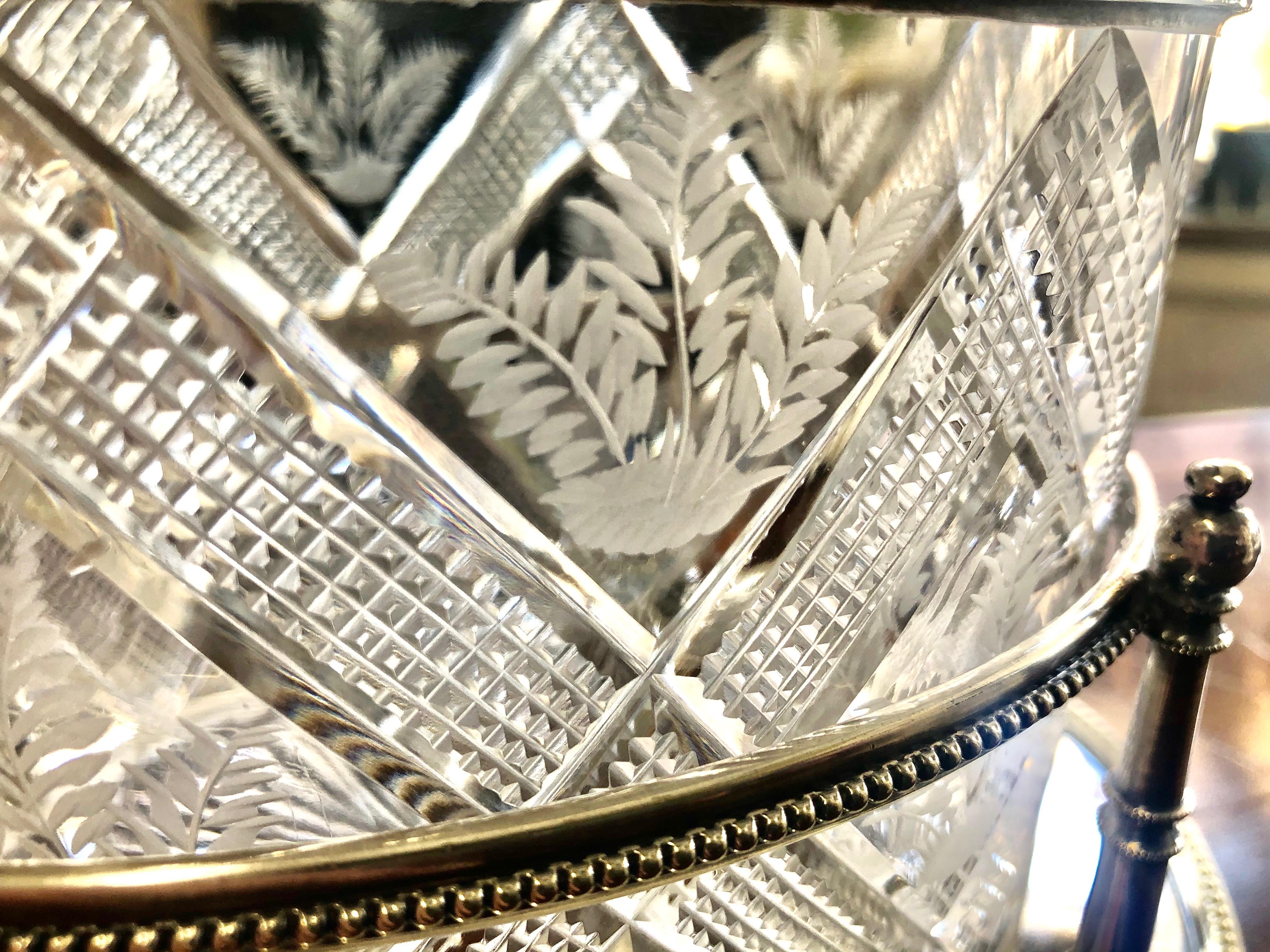 Antique English Sheffield S/P and Hand Cut Crystal Oval Biscuit Box on Stand 1