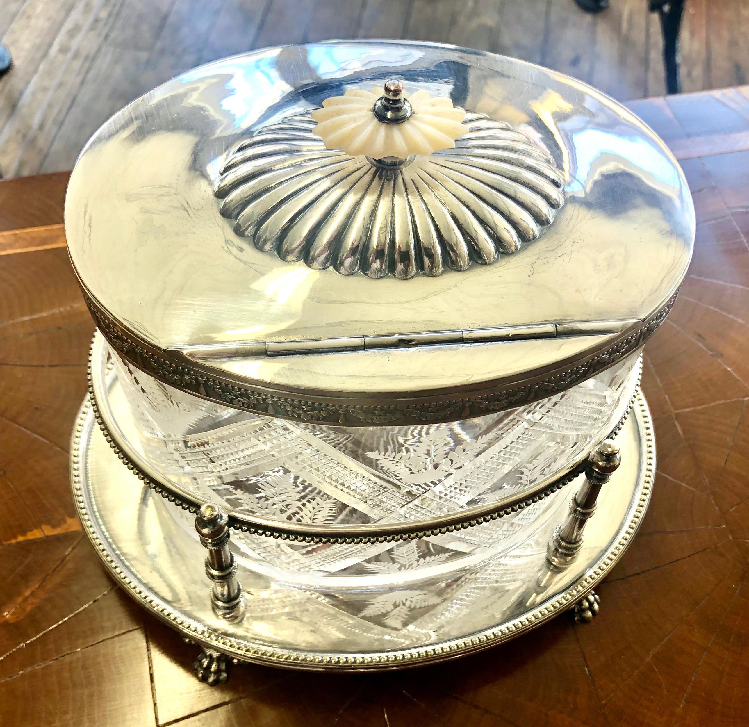 Antique English Sheffield S/P and Hand Cut Crystal Oval Biscuit Box on Stand 2