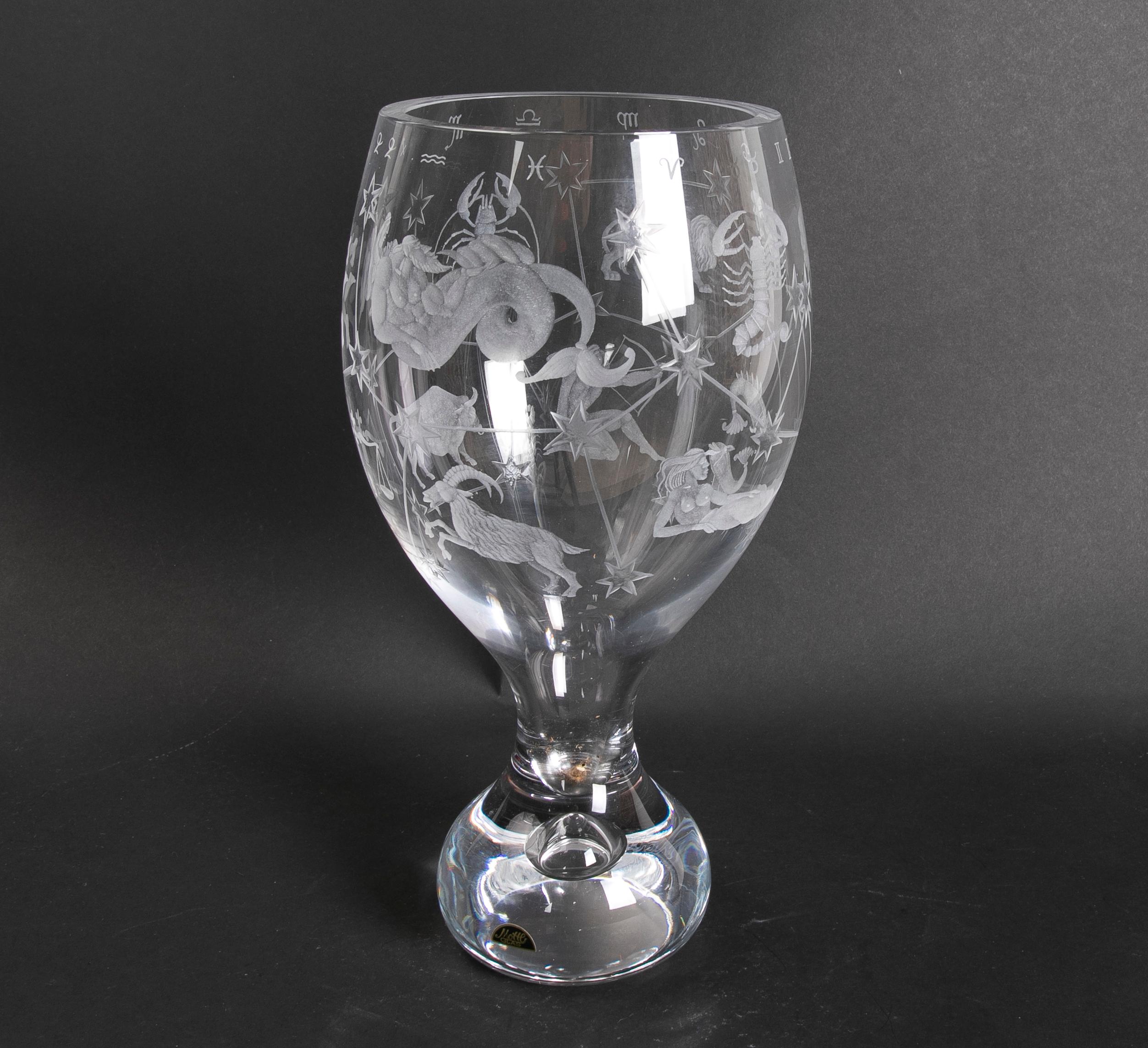 Czech Hand-Cut Crystal Vase from the House of Mottl with Horoscope Scenes For Sale