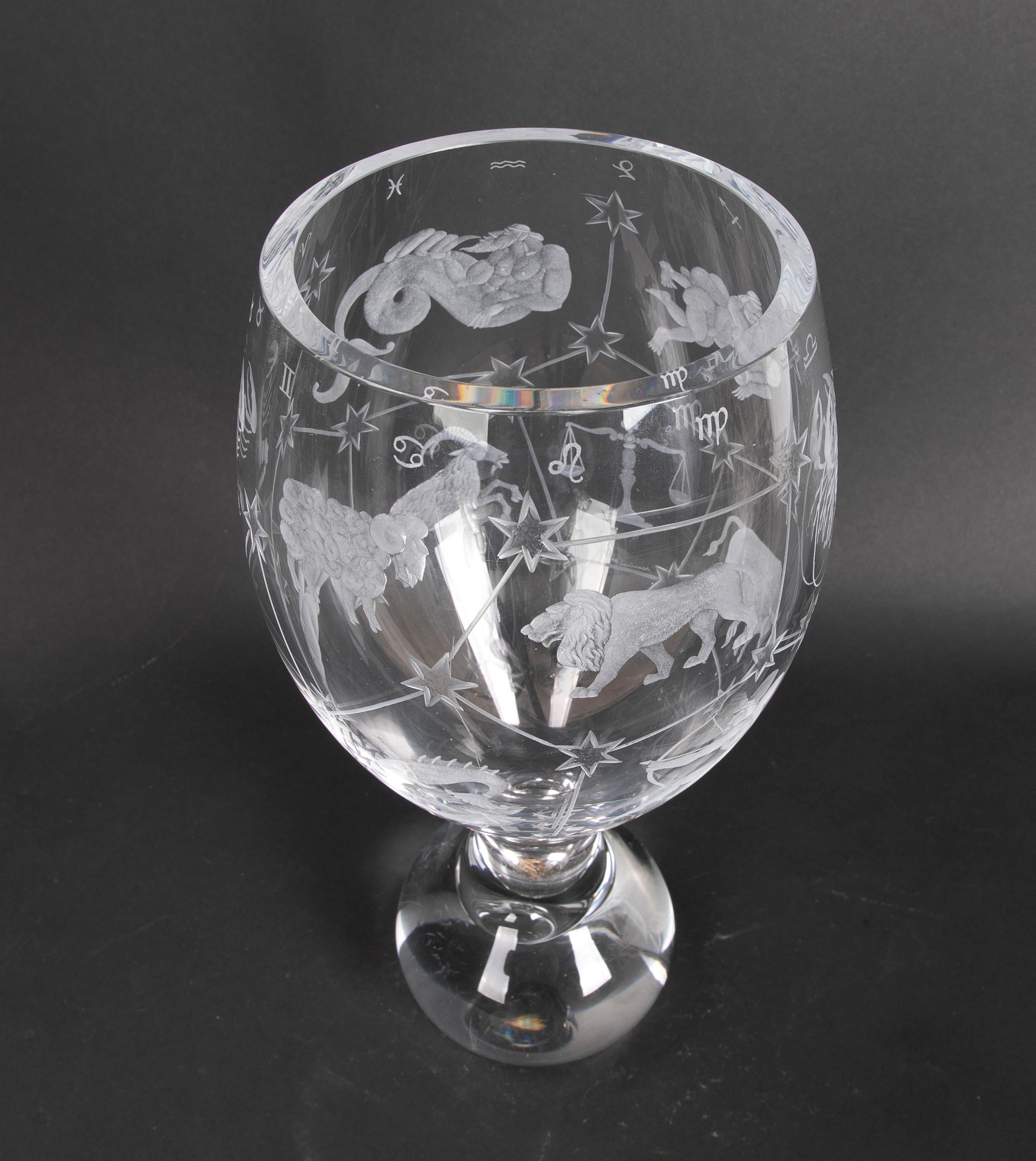 20th Century Hand-Cut Crystal Vase from the House of Mottl with Horoscope Scenes For Sale