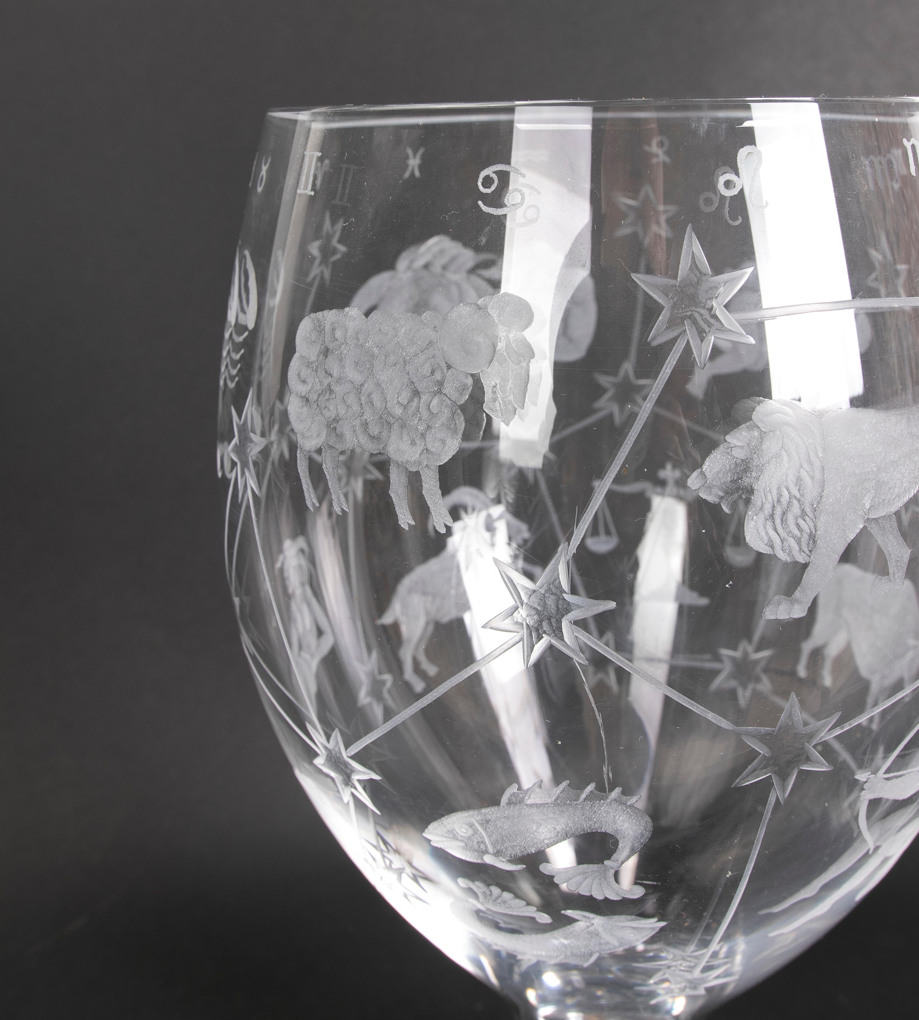 Glass Hand-Cut Crystal Vase from the House of Mottl with Horoscope Scenes For Sale