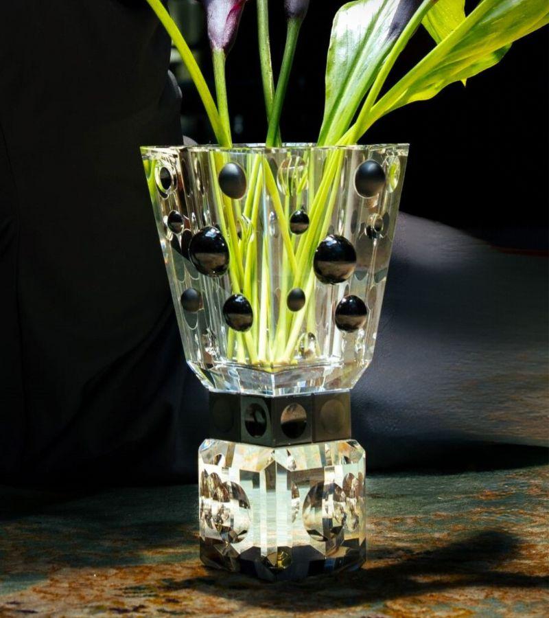 Hand-Crafted Hand Cut Ellipses Modern Crystal Vase:  Art-Deco Handcrafted Crystal Flower Vase For Sale