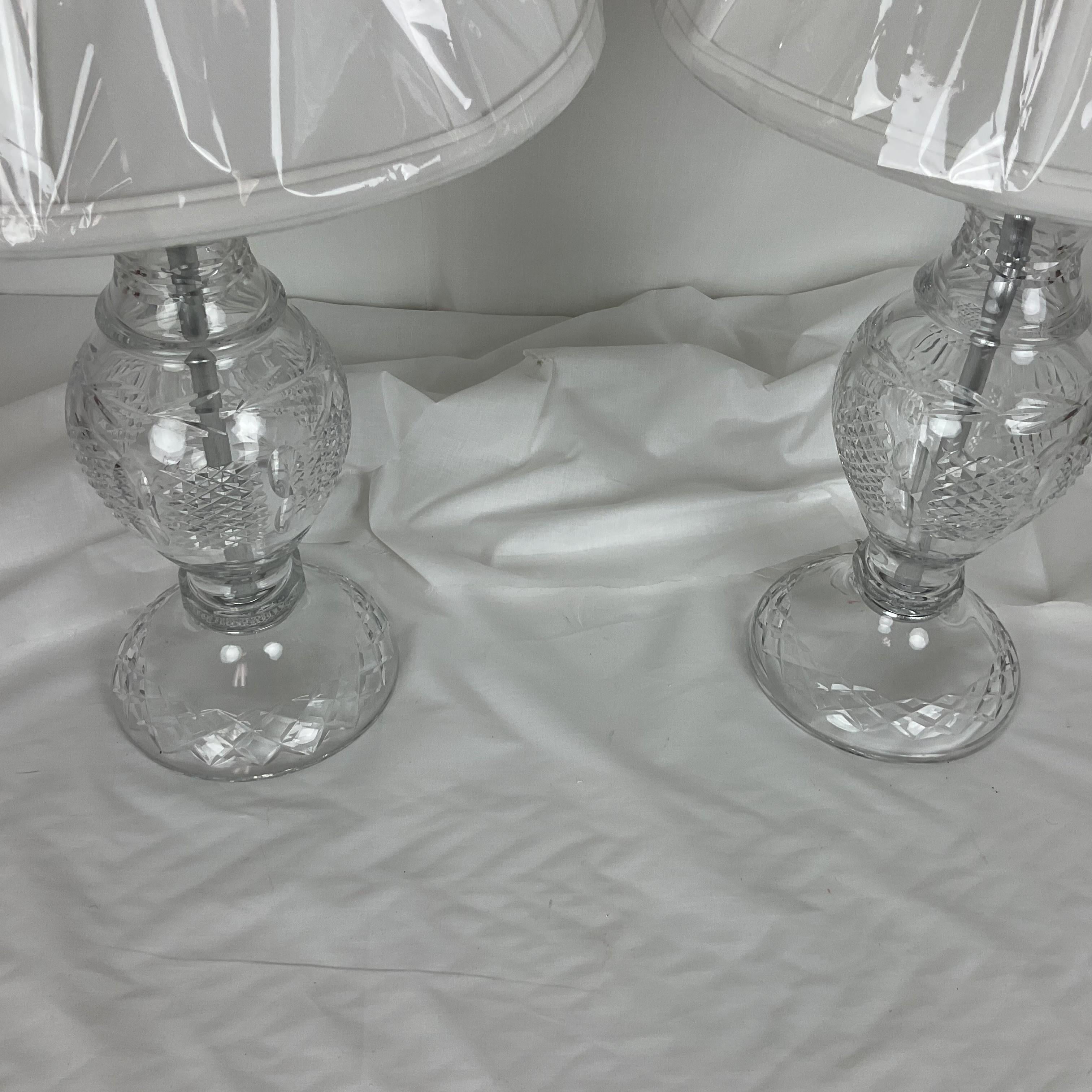 Hand Cut Full Lead Crystal Lamp Pair with Shades In Good Condition For Sale In West Palm Beach, FL