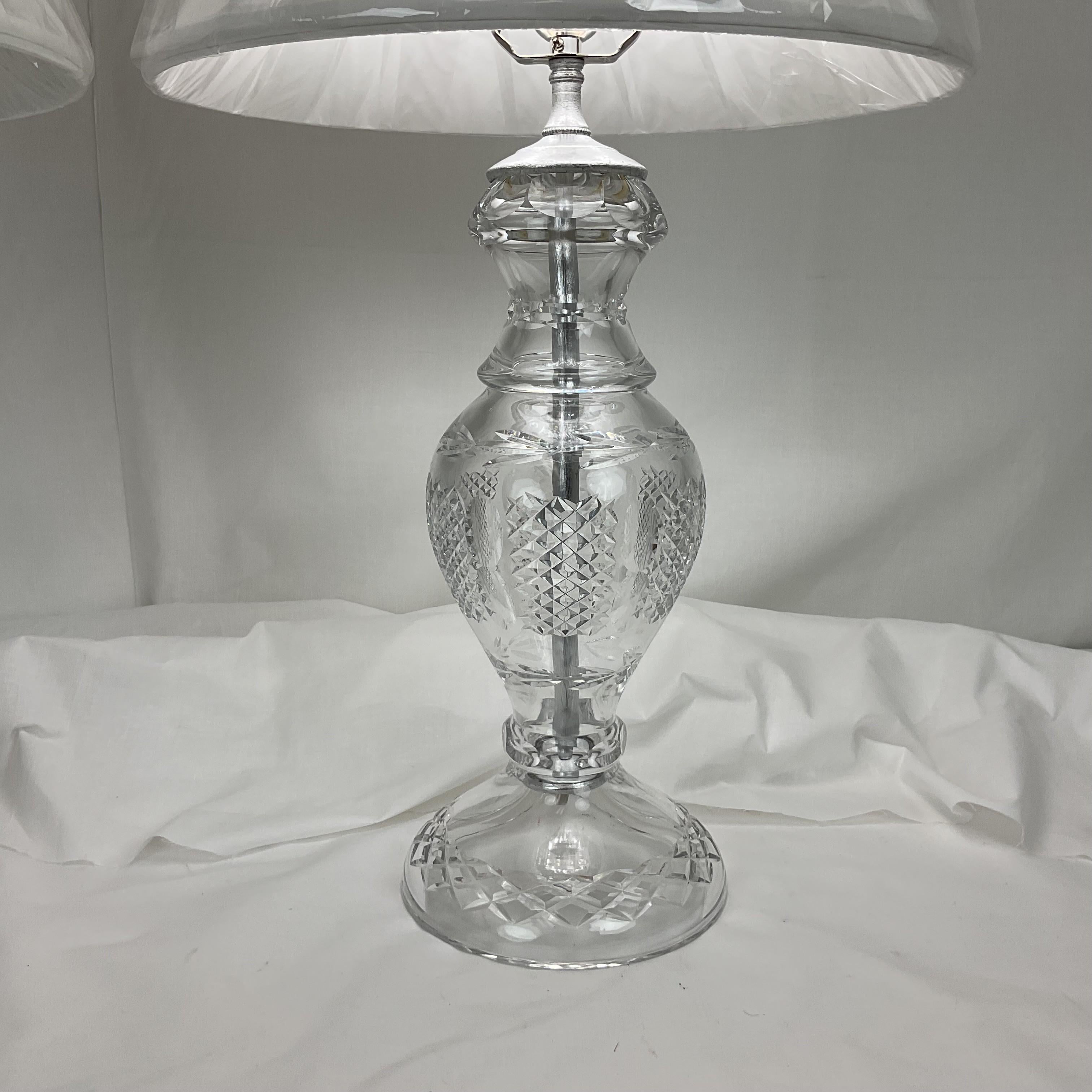 Mid-20th Century Hand Cut Full Lead Crystal Lamp Pair with Shades For Sale