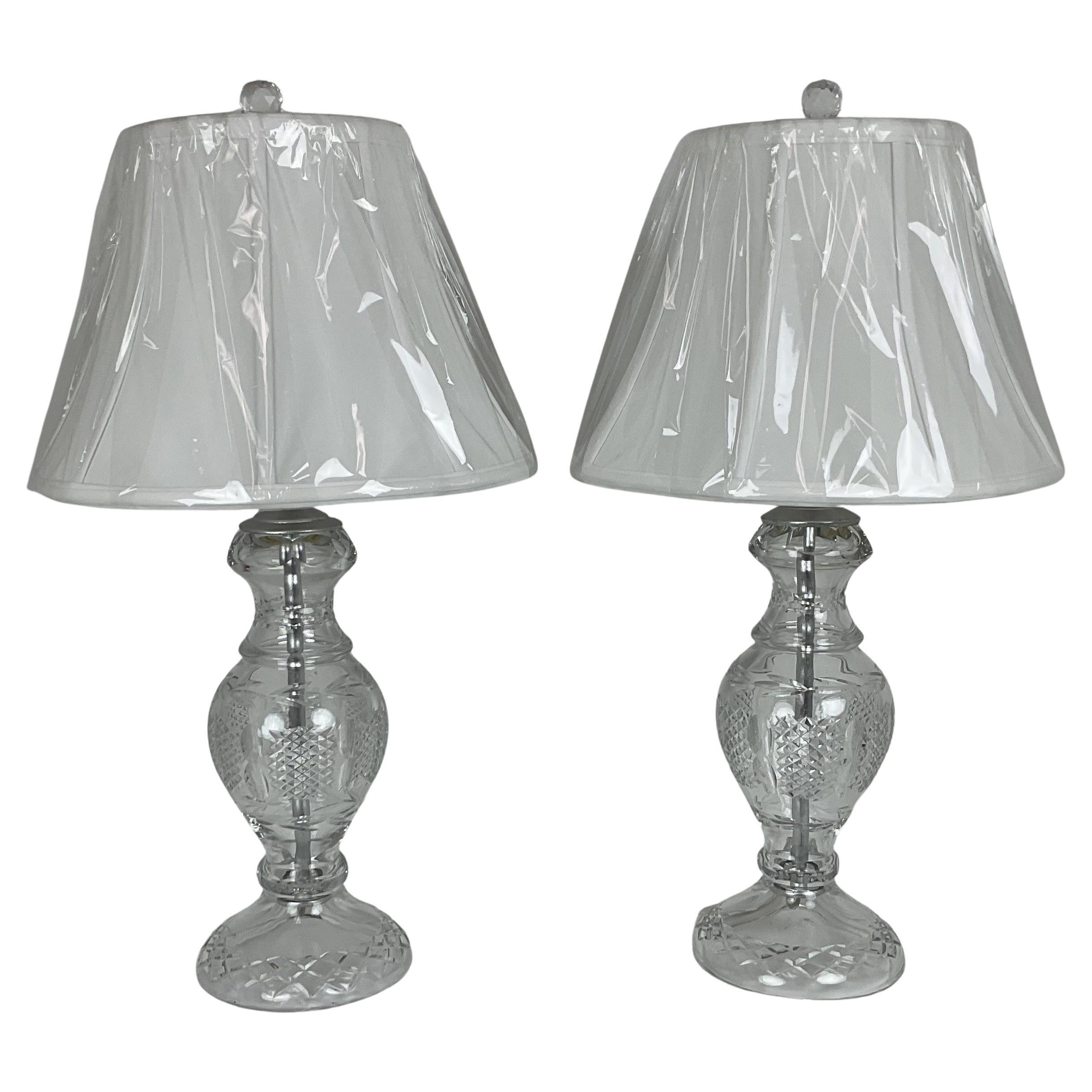 Hand Cut Full Lead Crystal Lamp Pair with Shades For Sale