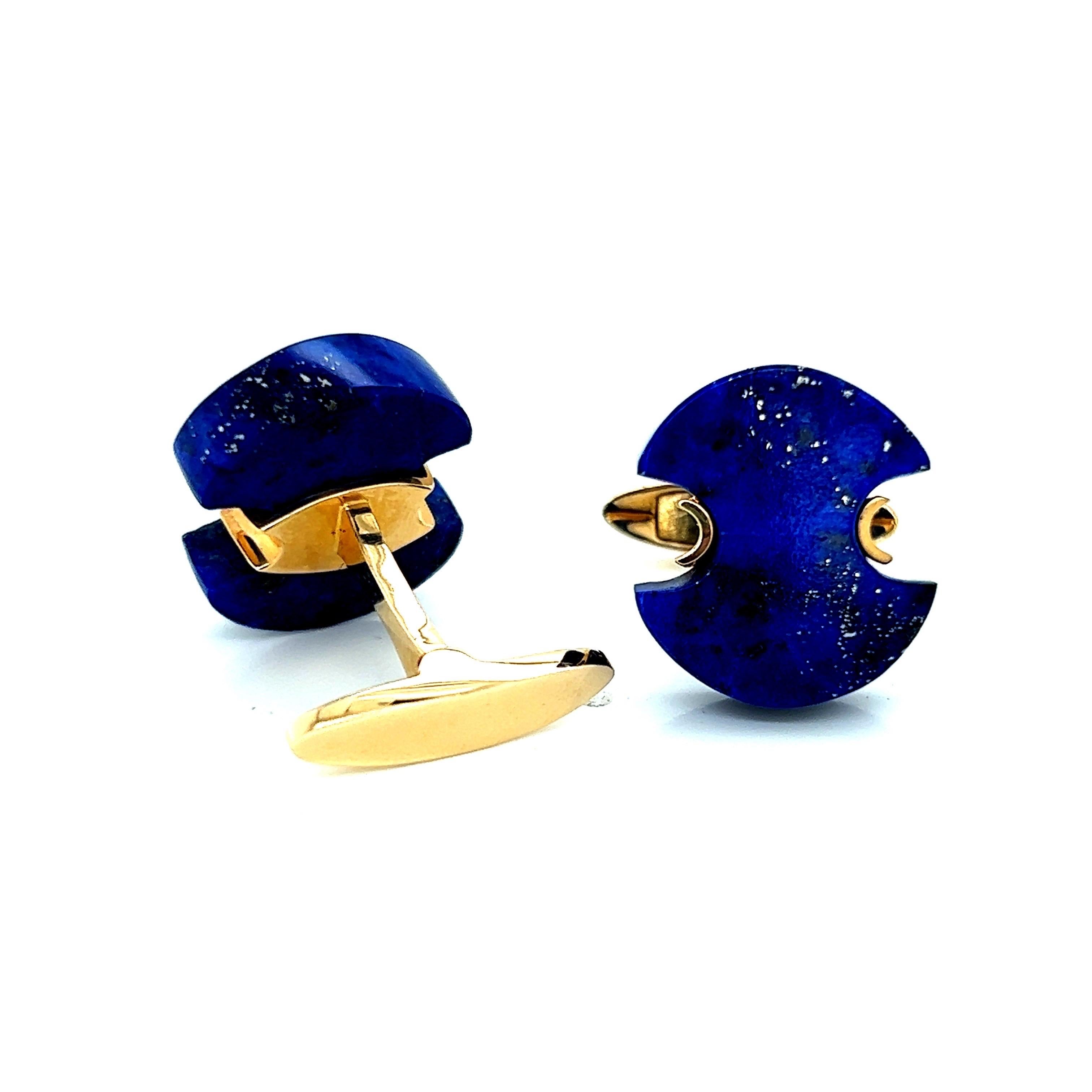 Mixed Cut Hand-Cut Lapis Cufflinks in 14k Yellow Gold For Sale