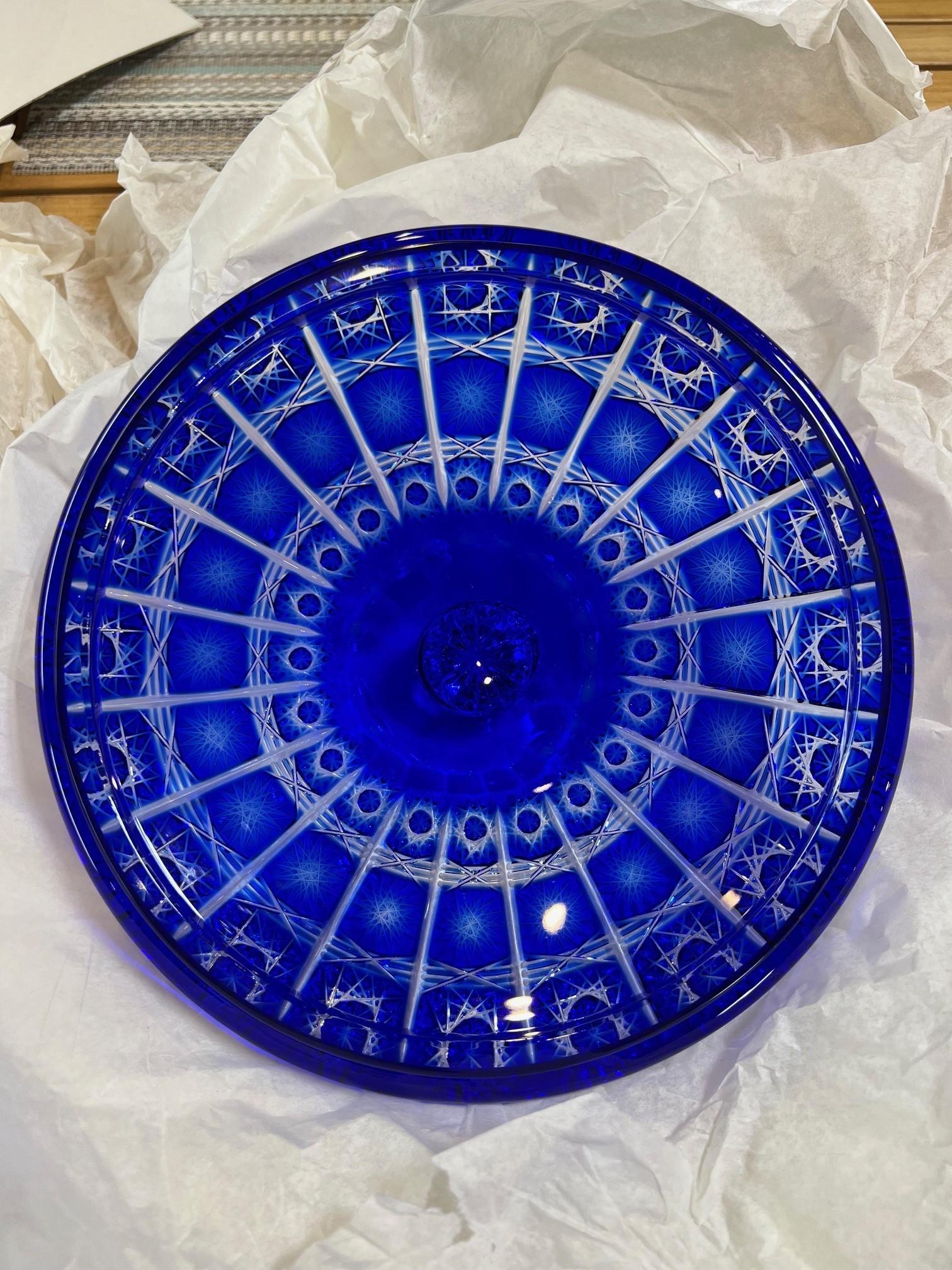 Hand Cut Lead Crystal Blue Candy Dish with Cover by Caesar Crystal Bohemiae Co. For Sale 5