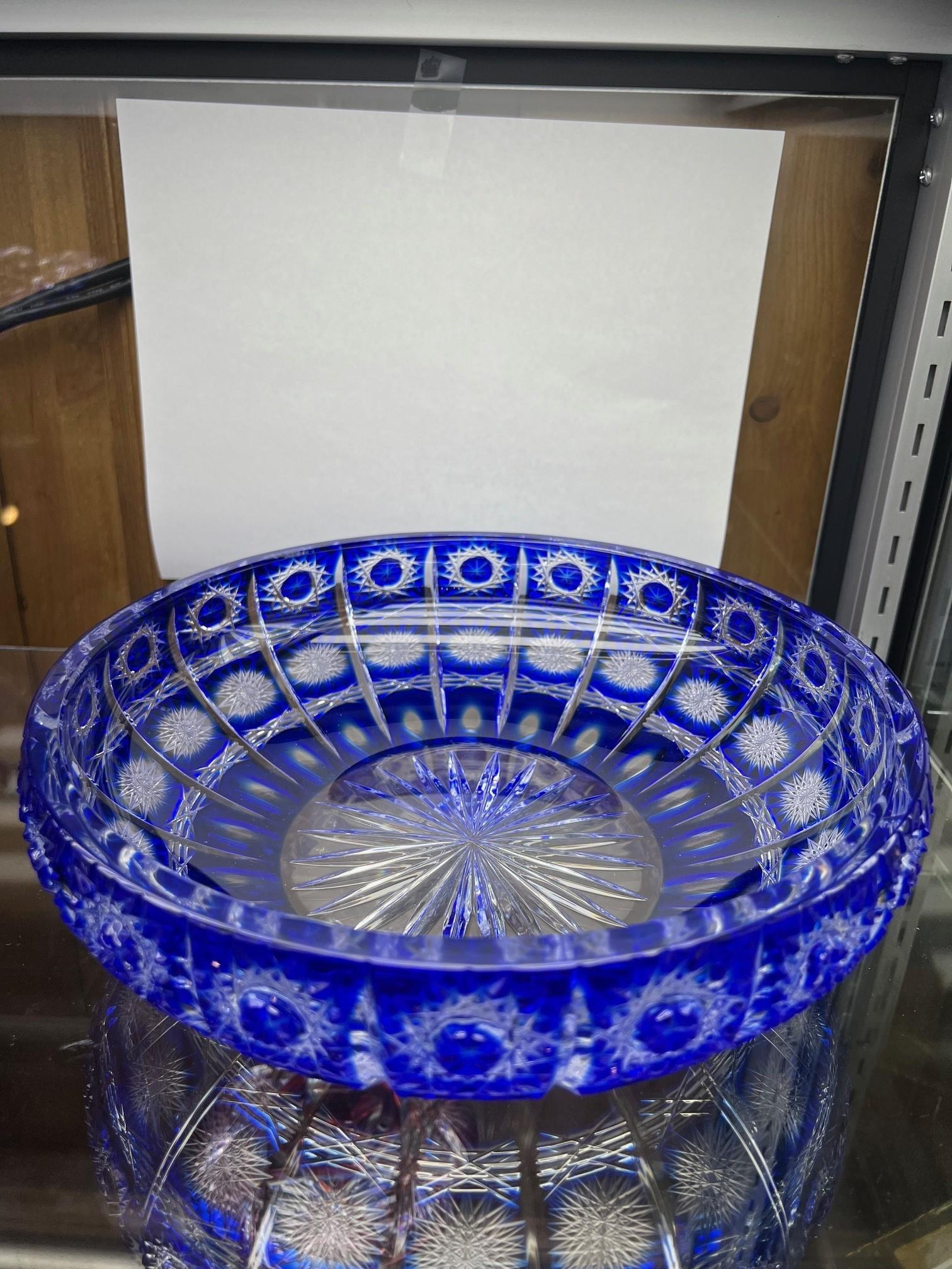 Hand Cut Lead Crystal Blue Candy Dish with Cover by Caesar Crystal Bohemiae Co. For Sale 6