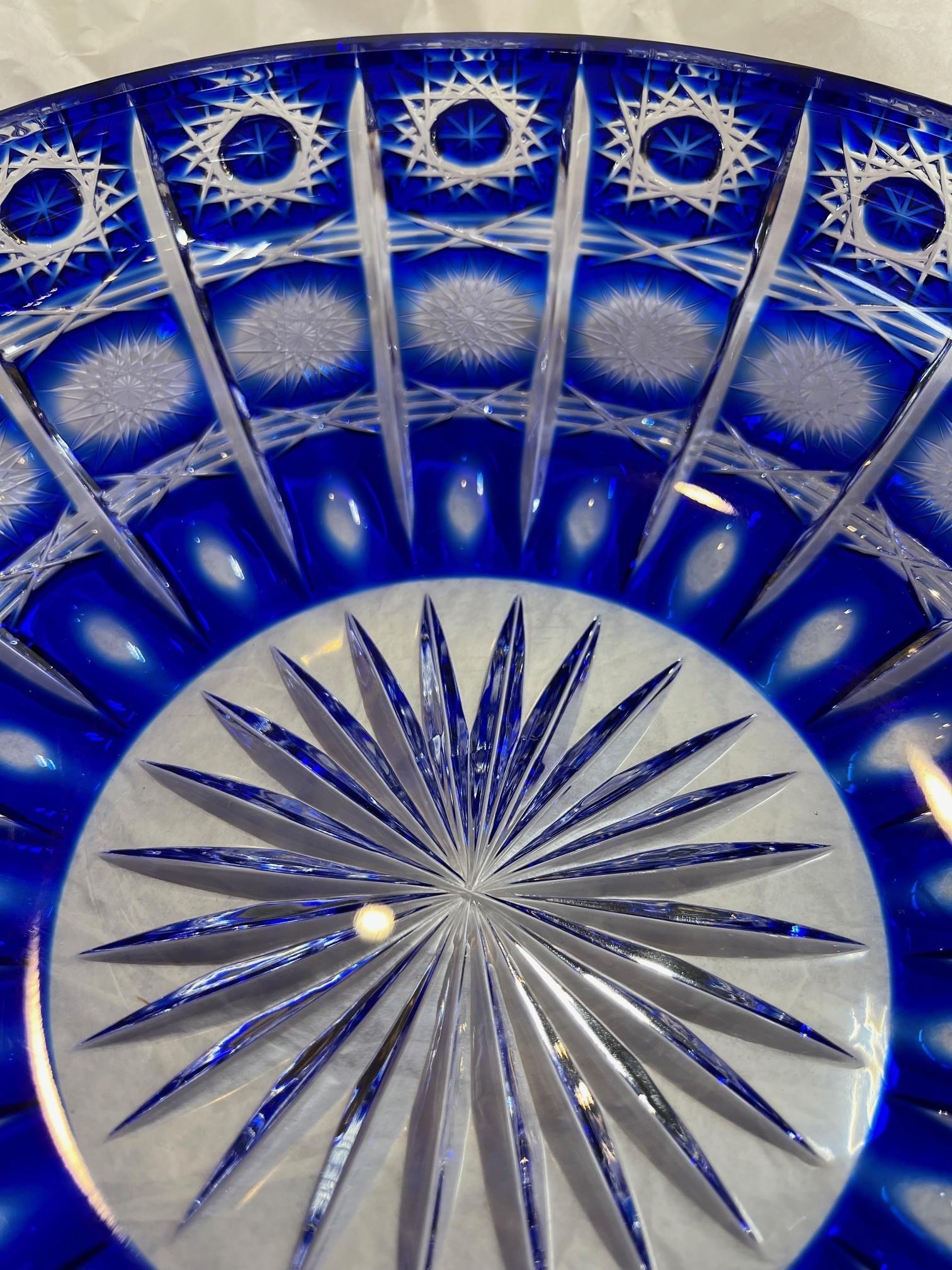 Hand Cut Lead Crystal Blue Candy Dish with Cover by Caesar Crystal Bohemiae Co. For Sale 9