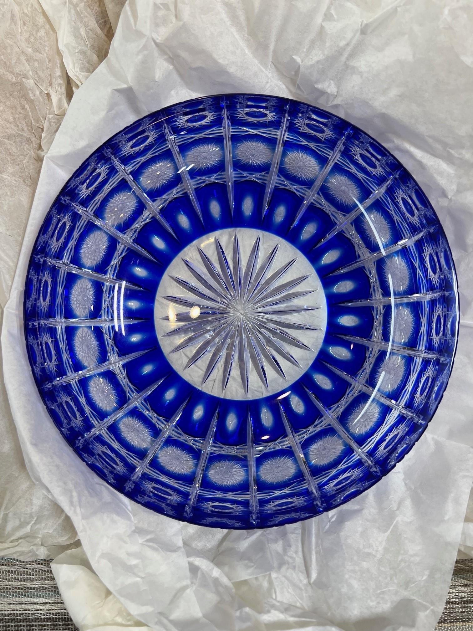 Hand Cut Lead Crystal Blue Candy Dish with Cover by Caesar Crystal Bohemiae Co. For Sale 10