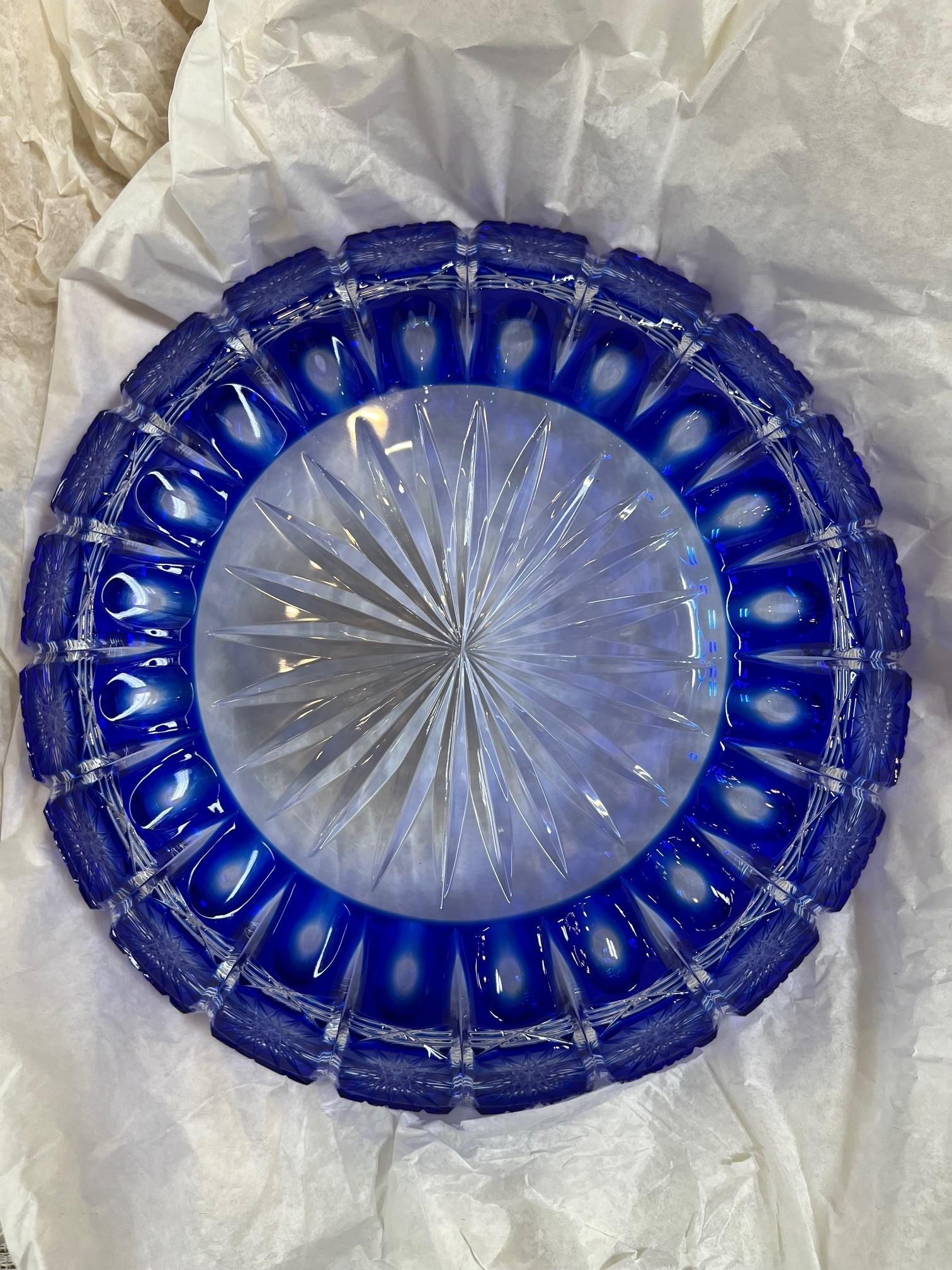Hand Cut Lead Crystal Blue Candy Dish with Cover by Caesar Crystal Bohemiae Co. For Sale 11