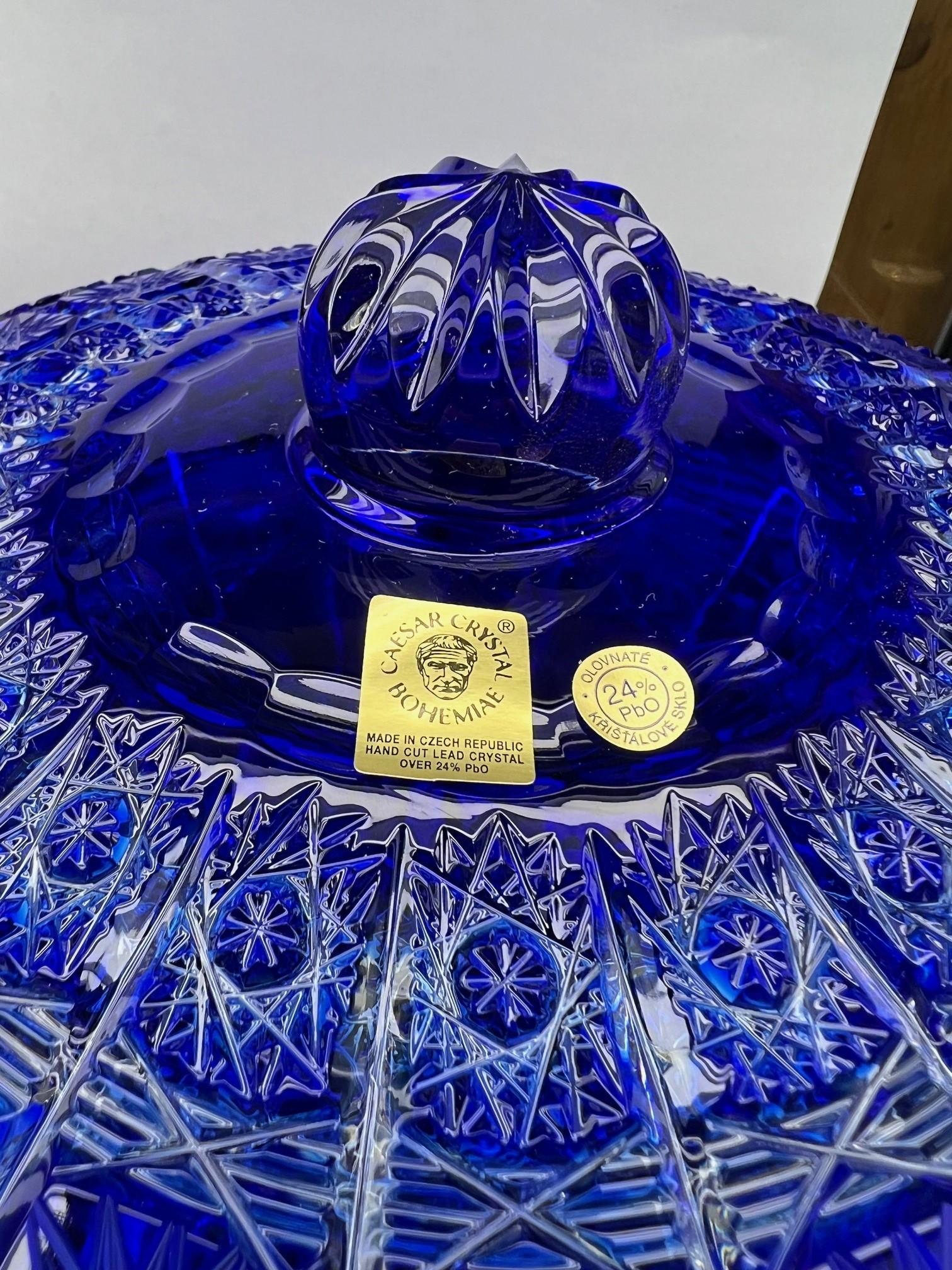 Hand Cut Lead Crystal Blue Candy Dish with Cover by Caesar Crystal Bohemiae Co. For Sale 12