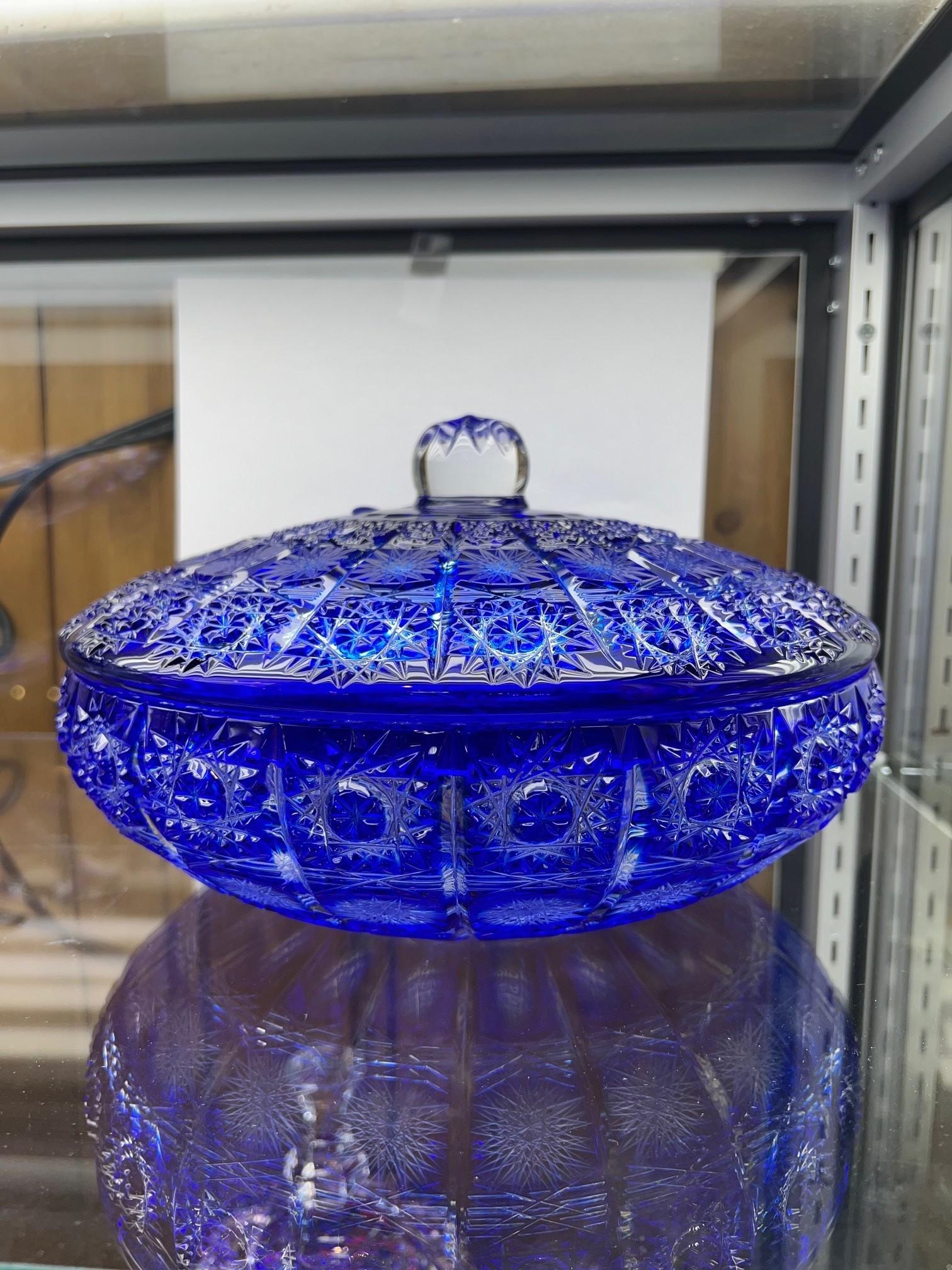 Stunning hand cut lead crystal cobalt blue candy dish with a cover created as a work of art by the hands of the finest Czech glass workers. The Caesar Crystal Company in the Czech Republic has been selling hand cut lead crystal pieces since 1861 and