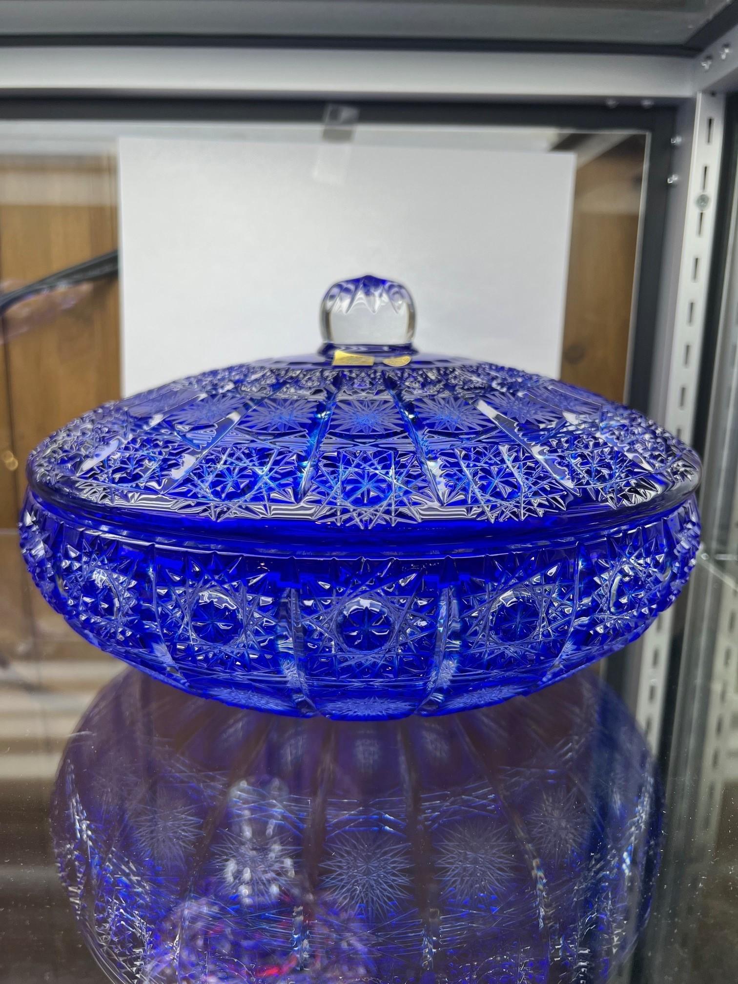Czech Hand Cut Lead Crystal Blue Candy Dish with Cover by Caesar Crystal Bohemiae Co. For Sale