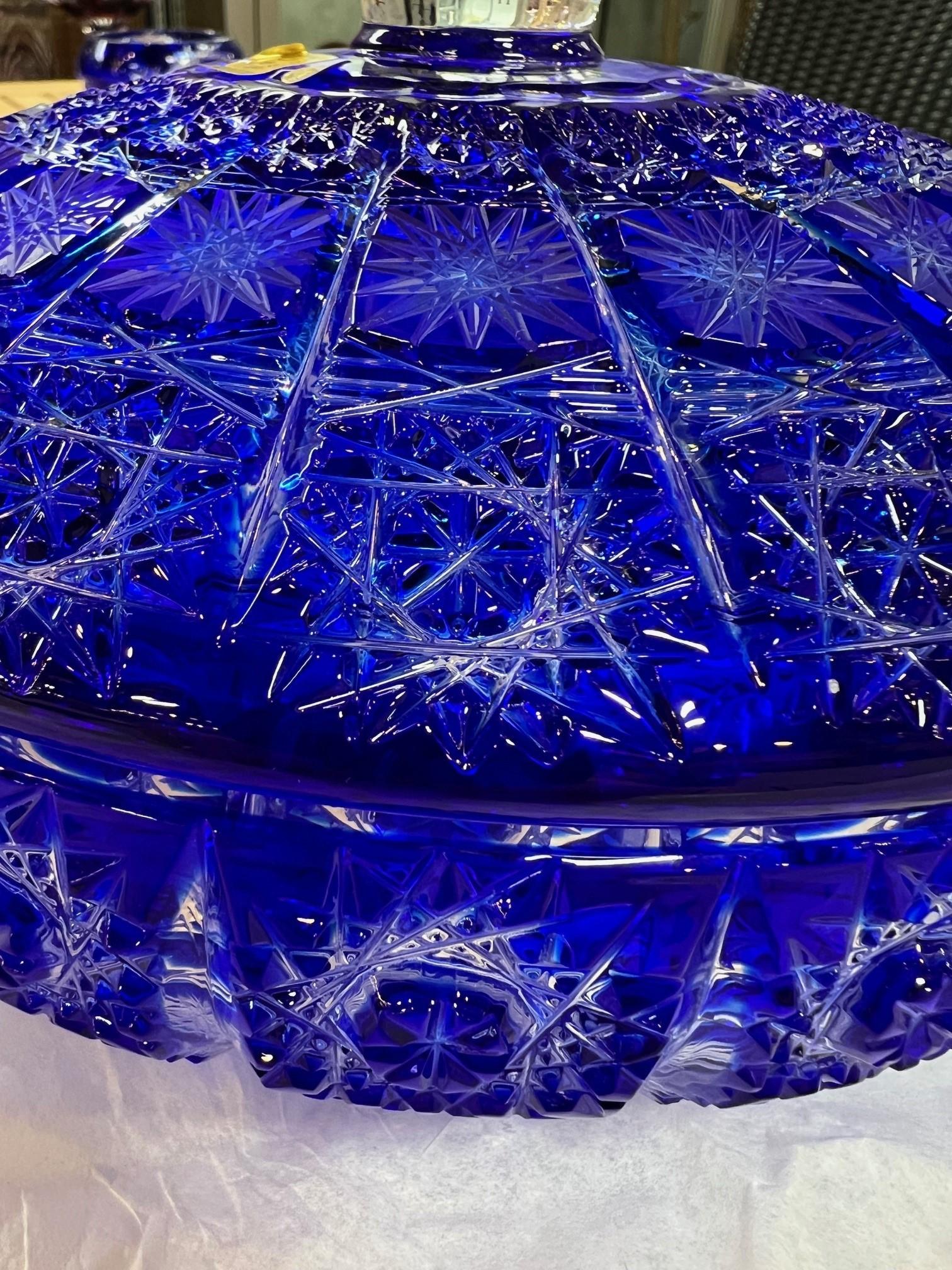 20th Century Hand Cut Lead Crystal Blue Candy Dish with Cover by Caesar Crystal Bohemiae Co. For Sale
