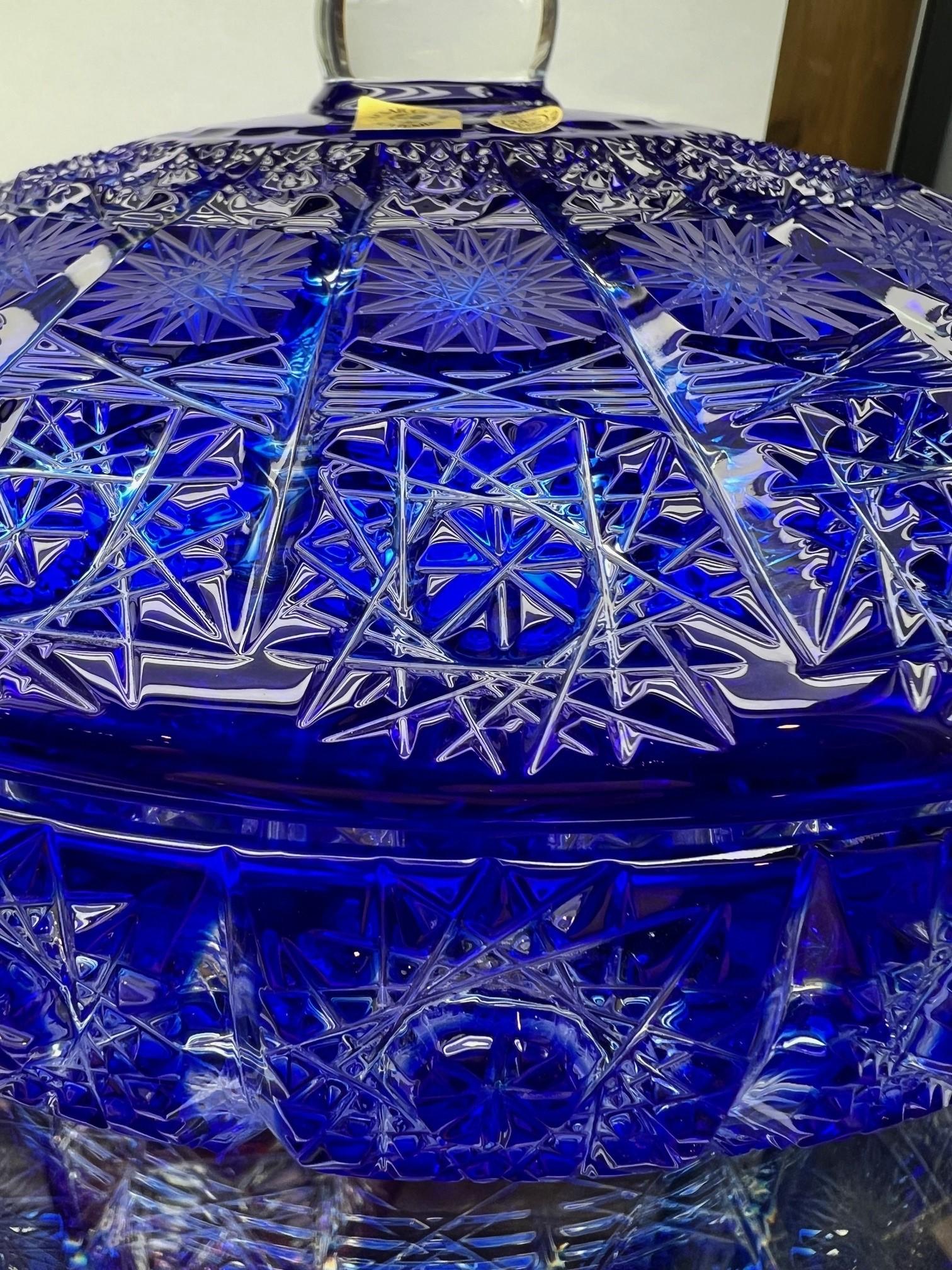 Hand Cut Lead Crystal Blue Candy Dish with Cover by Caesar Crystal Bohemiae Co. For Sale 1