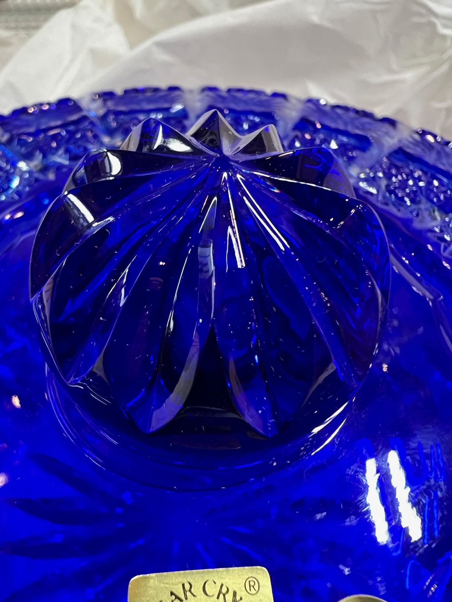 Hand Cut Lead Crystal Blue Candy Dish with Cover by Caesar Crystal Bohemiae Co. For Sale 3