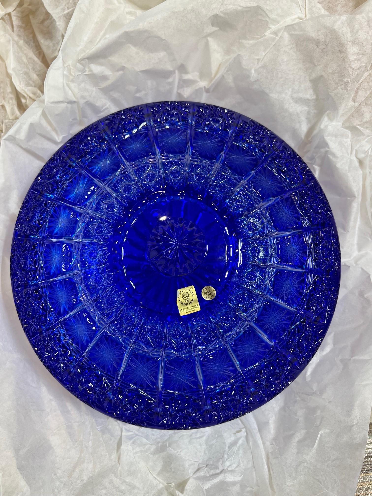 Hand Cut Lead Crystal Blue Candy Dish with Cover by Caesar Crystal Bohemiae Co. For Sale 4