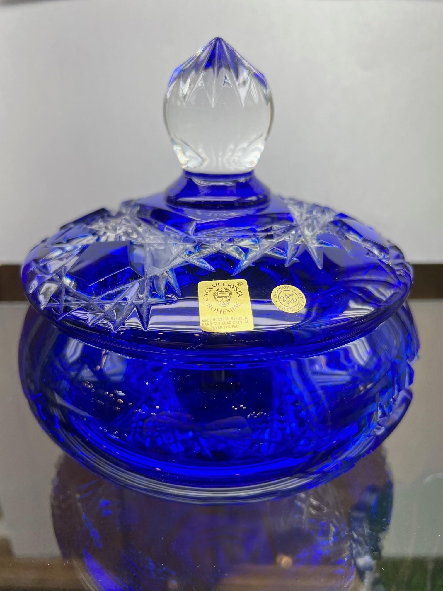 Stunning hand cut lead crystal candy dish with a cover created as a work of art by the hands of the finest Czech glass workers. The Caesar Crystal Company in the Czech Republic has been selling hand cut lead crystal pieces since 1861 and is known as