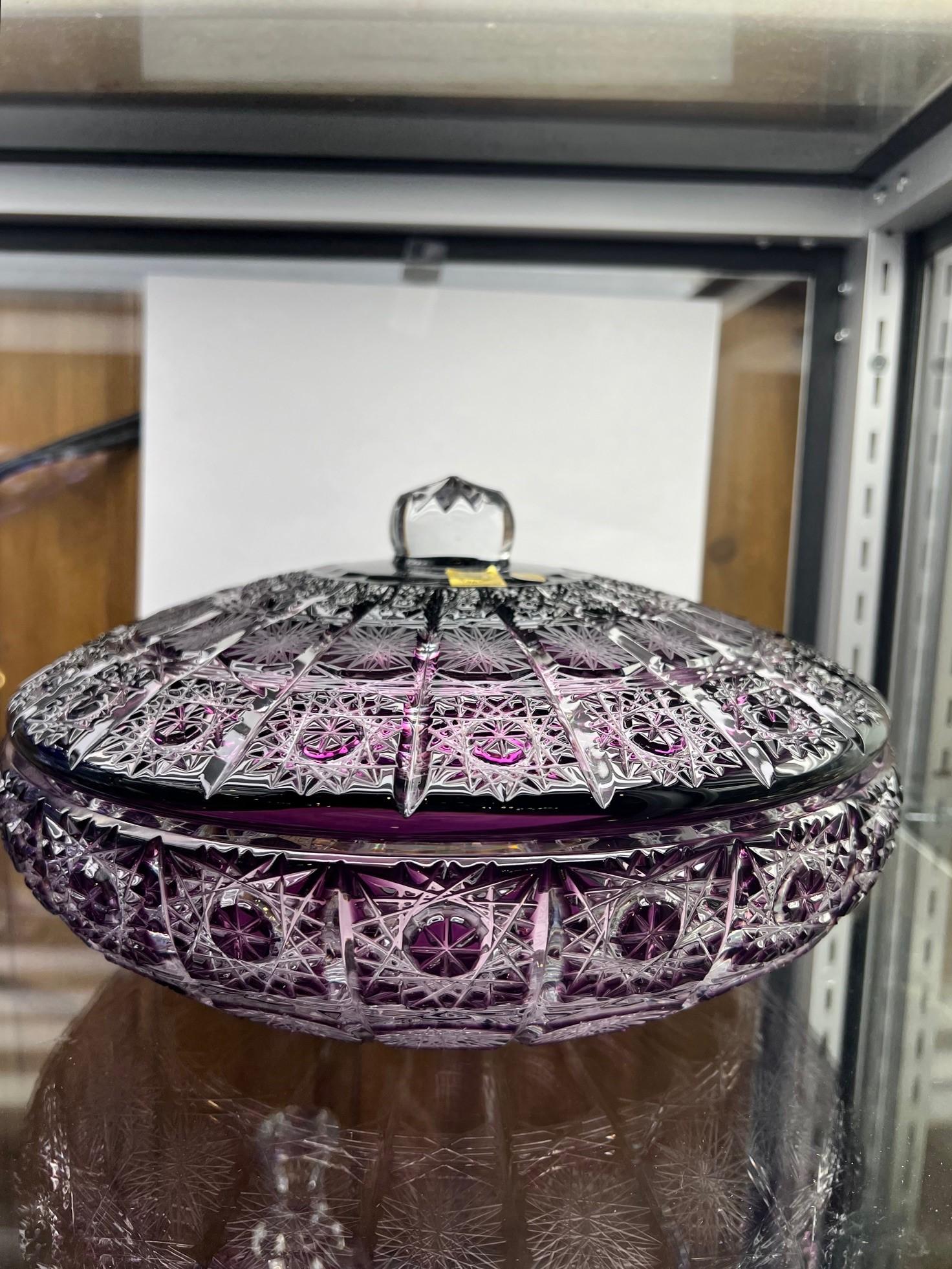 Stunning hand cut lead crystal purple candy dish with a cover created as a work of art by the hands of the finest Czech glass workers. The Caesar Crystal Company in the Czech Republic has been selling hand cut lead crystal pieces since 1861 and is
