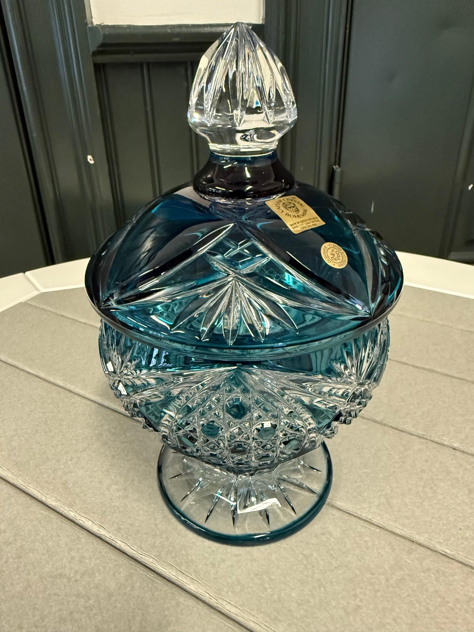 Stunning hand cut lead crystal aqua or turquoise pedestal candy dish with a cover created as a work of art by the hands of the finest Czech glass workers. The Caesar Crystal Company in the Czech Republic has been selling hand cut lead crystal pieces