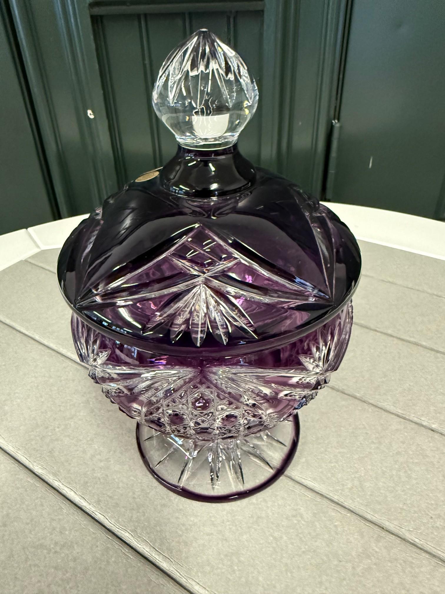 Czech Hand Cut Lead Crystal Candy Dish with Cover by Caesar Crystal Bohemiae Co. For Sale