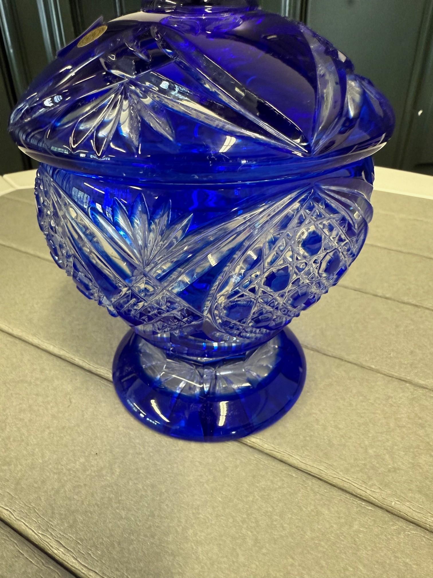 20th Century Hand Cut Lead Crystal Candy Dish with Cover by Caesar Crystal Bohemiae Co. For Sale