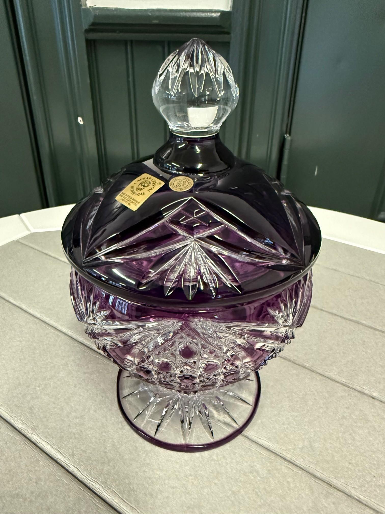 20th Century Hand Cut Lead Crystal Candy Dish with Cover by Caesar Crystal Bohemiae Co. For Sale