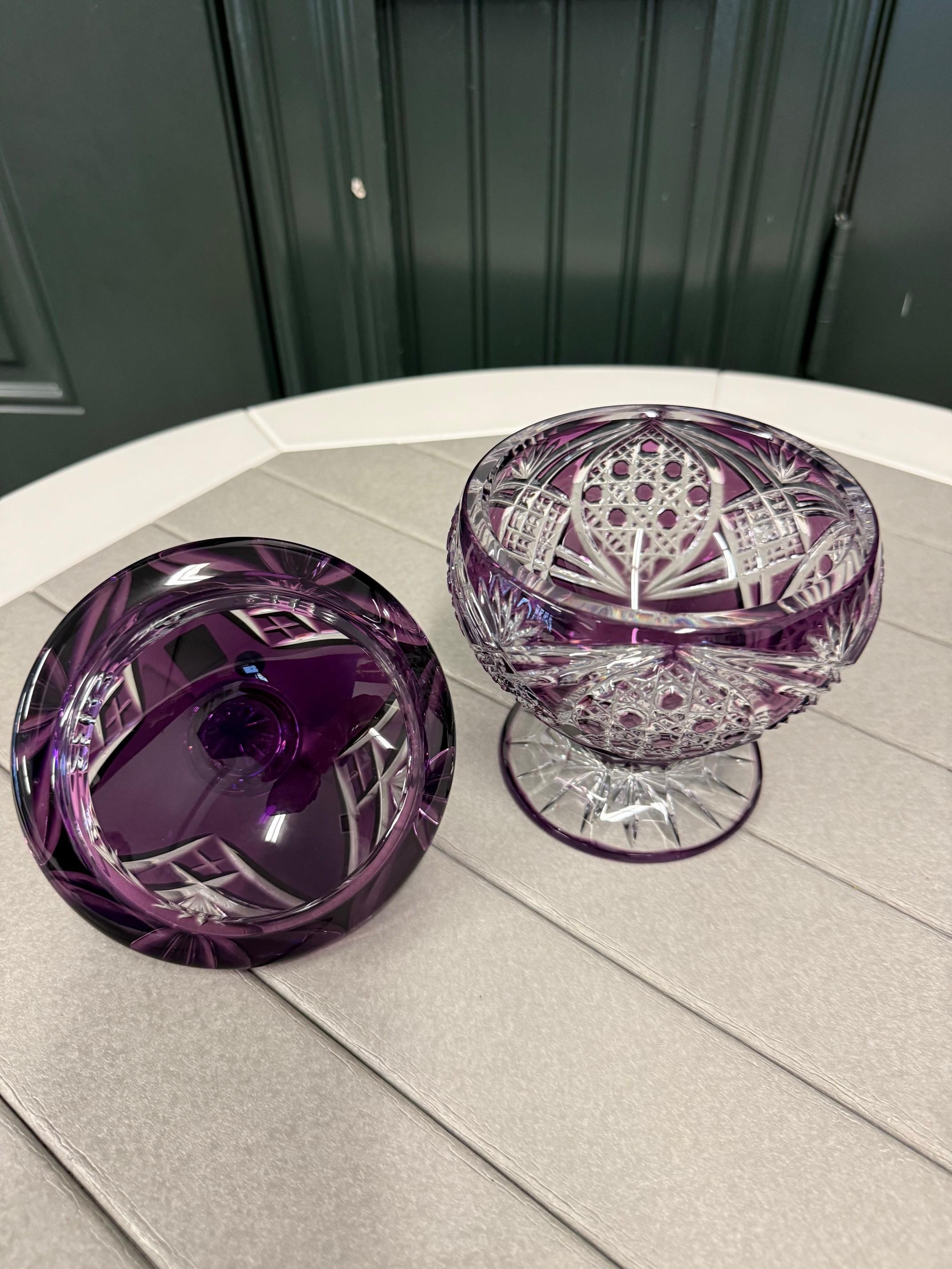 Hand Cut Lead Crystal Candy Dish with Cover by Caesar Crystal Bohemiae Co. For Sale 4